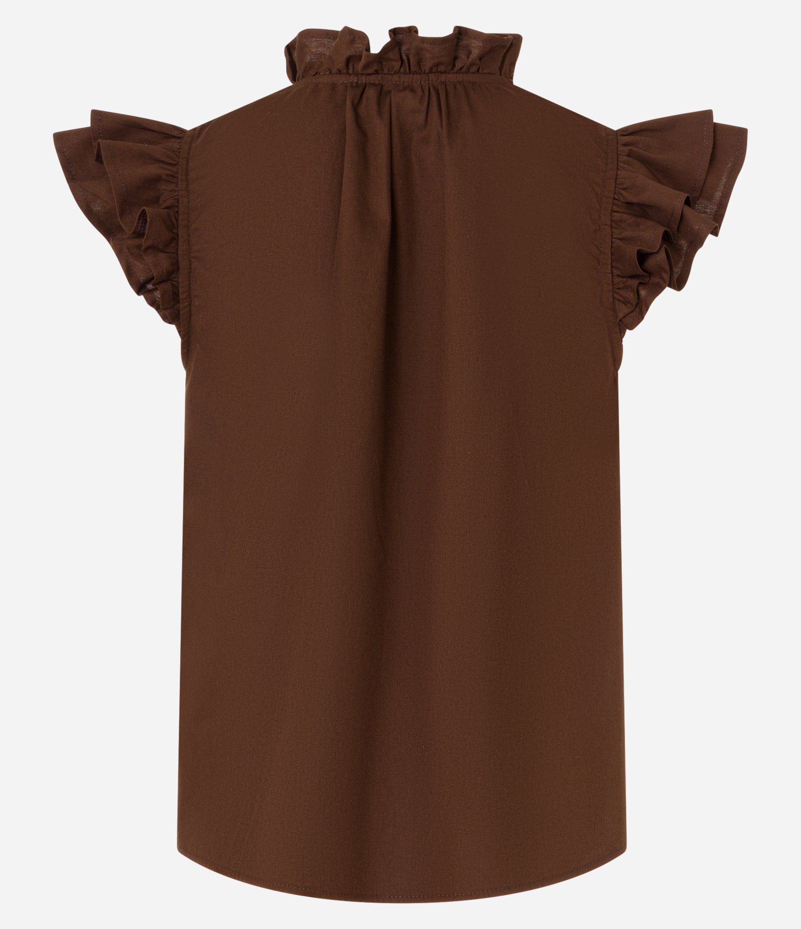 Blusa em Tricoline com Manga Borboleta e Decote em V com Gola Alta Marrom 5