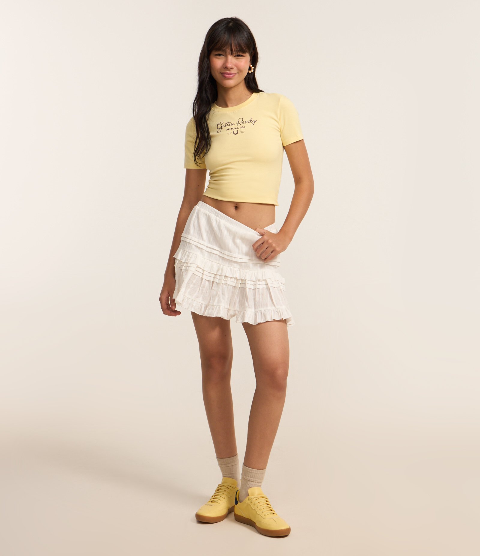 Saia Curta com Textura e Babados Branco 1