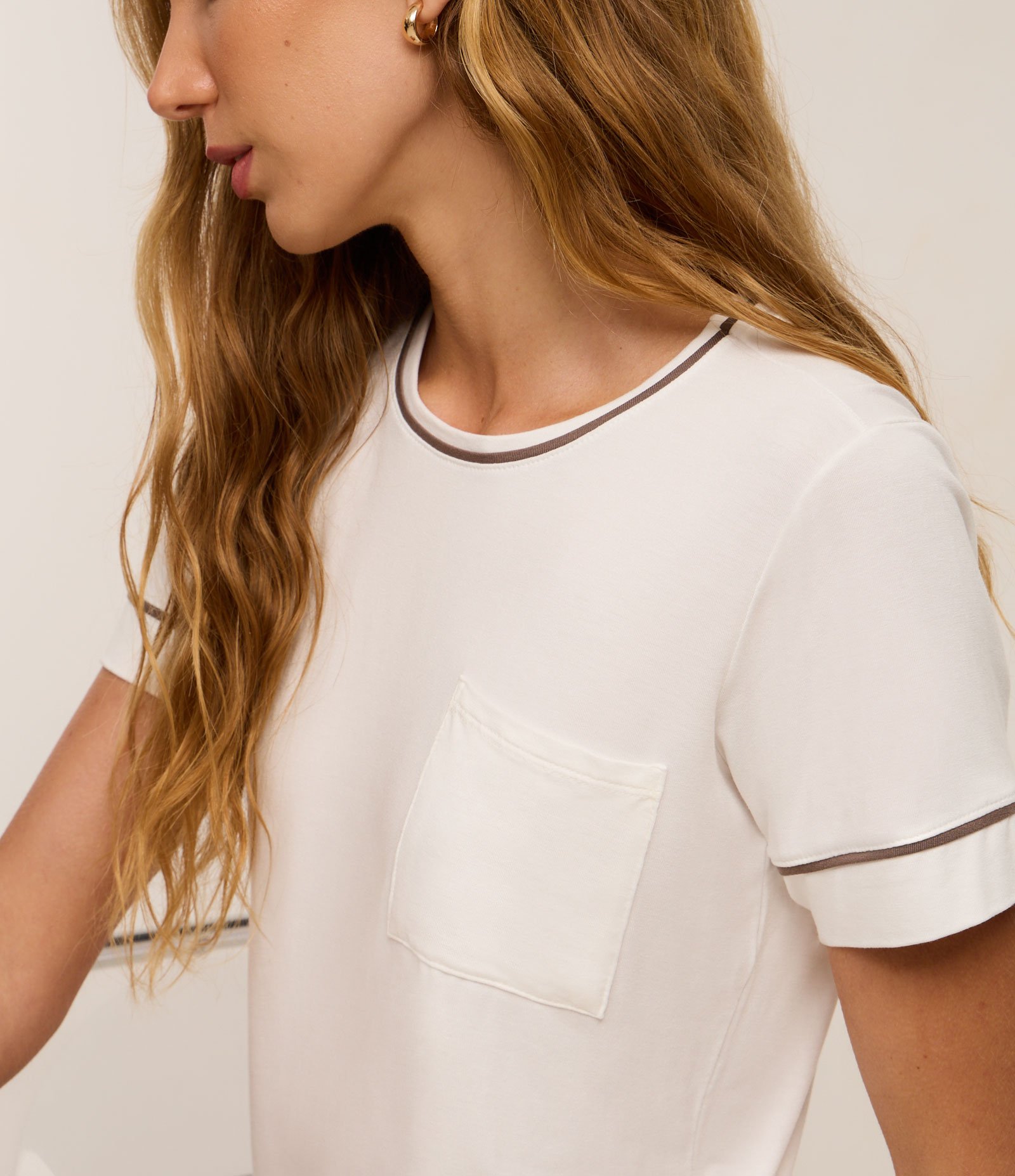 Pijama Short Doll em Viscolycra com Vieses Contrastantes Branco 2