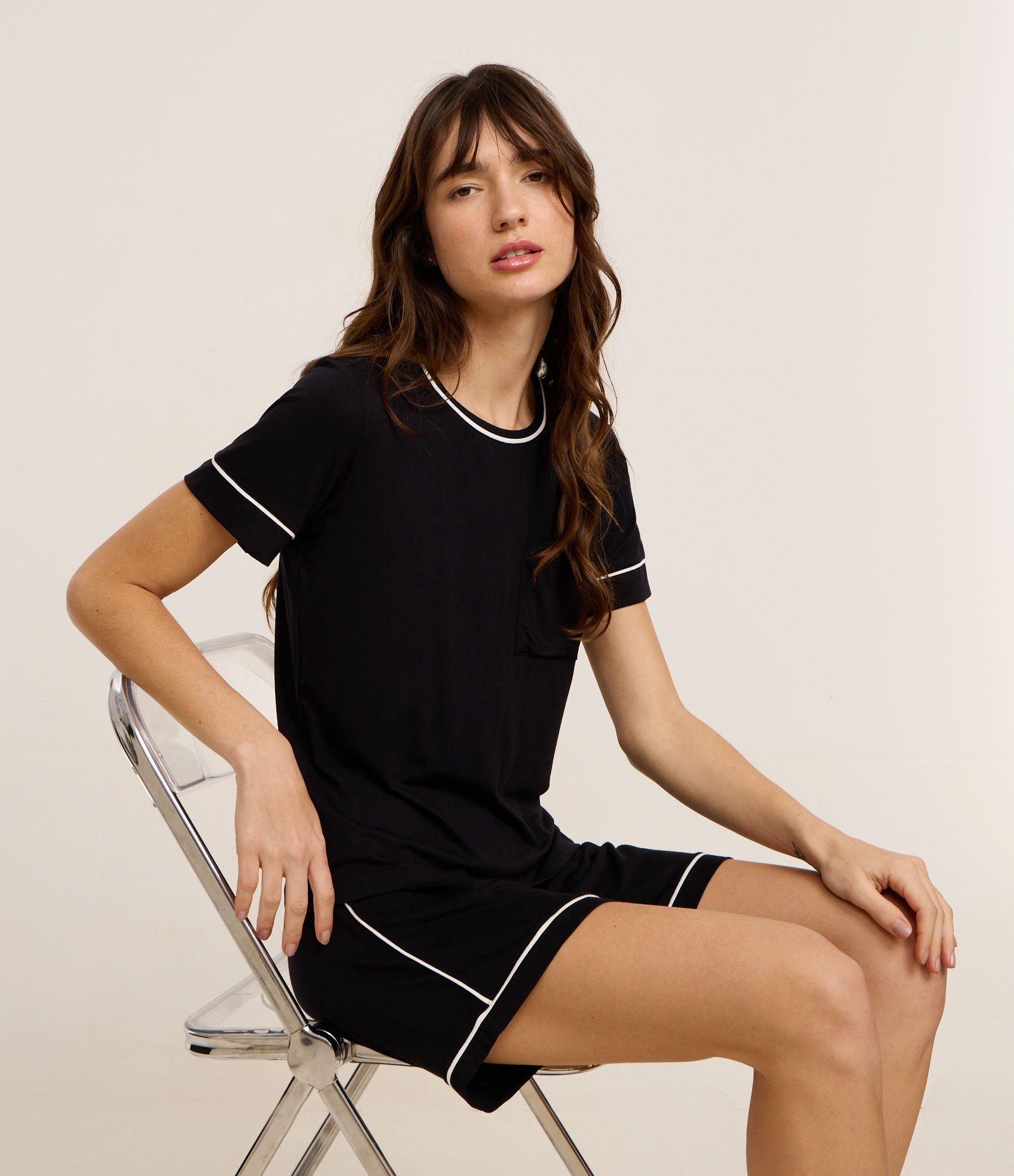 Pijama Short Doll em Viscolycra com Vieses Contrastantes Preto 1