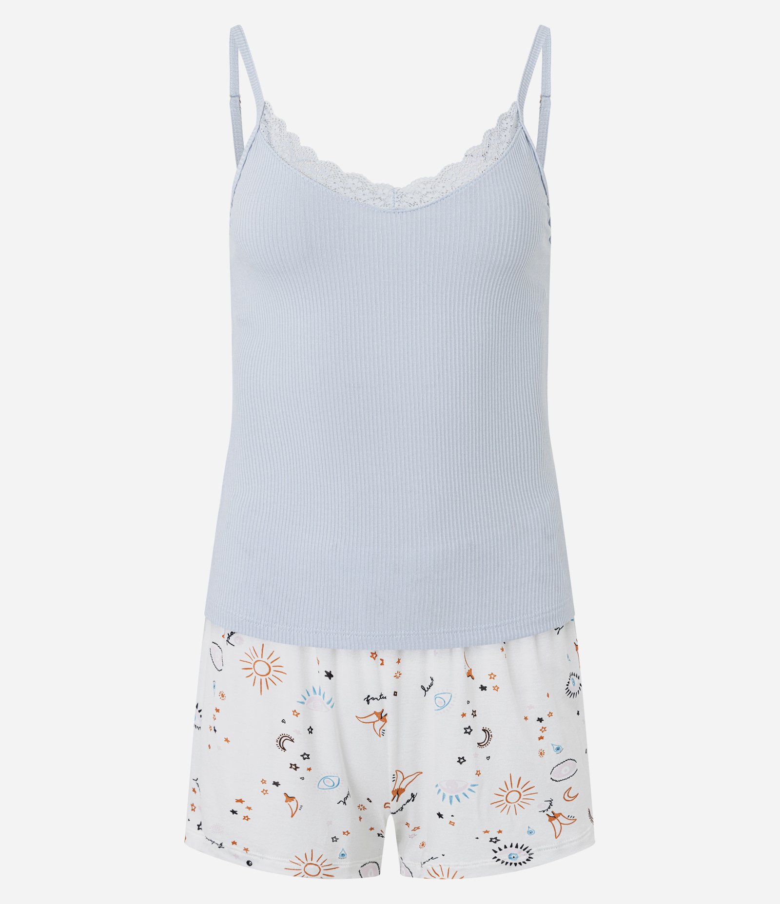 Pijama Short Doll em Ribana com Alcinhas e Short Estampado de Amuletos Azul 4