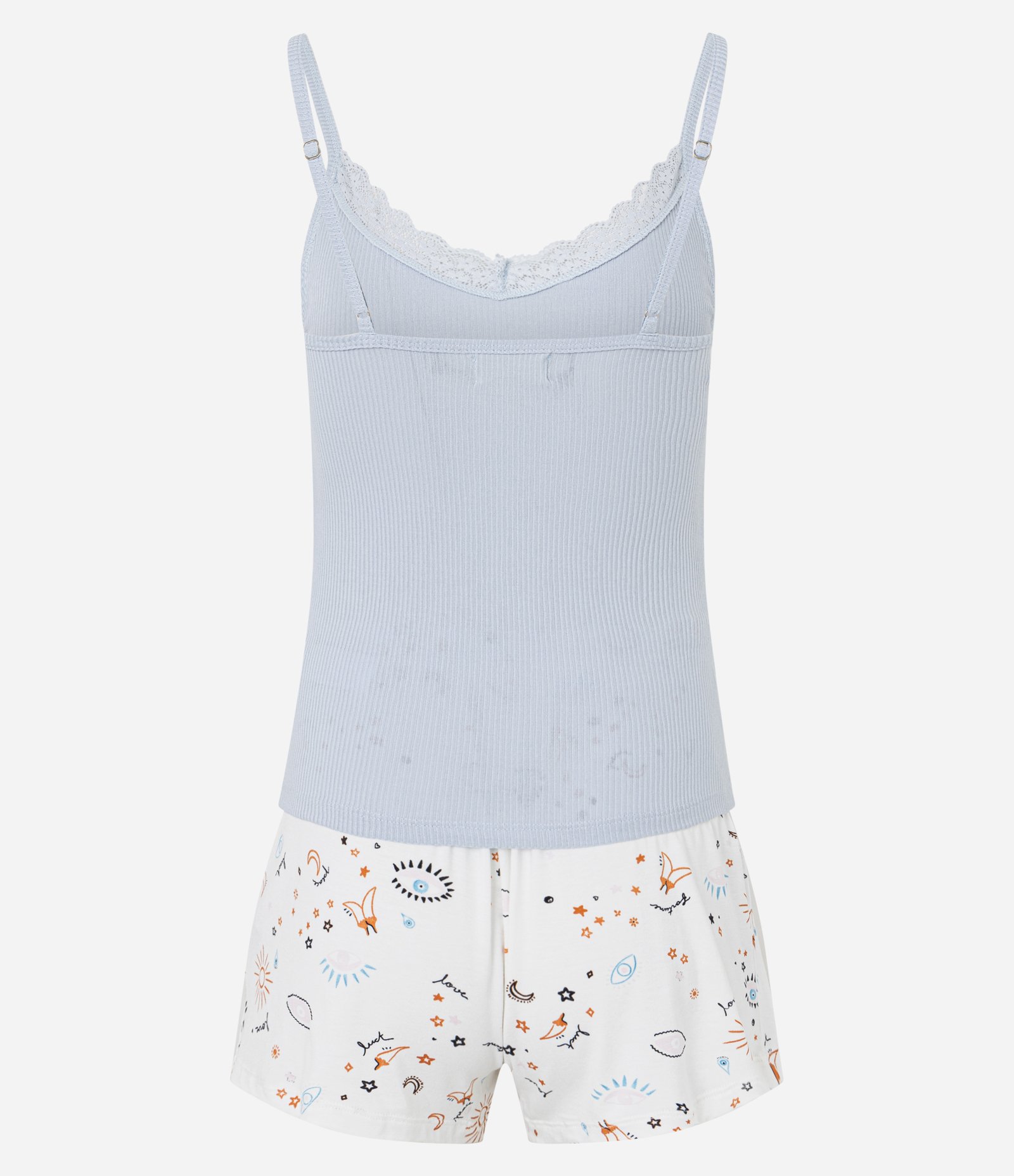 Pijama Short Doll em Ribana com Alcinhas e Short Estampado de Amuletos Azul 7