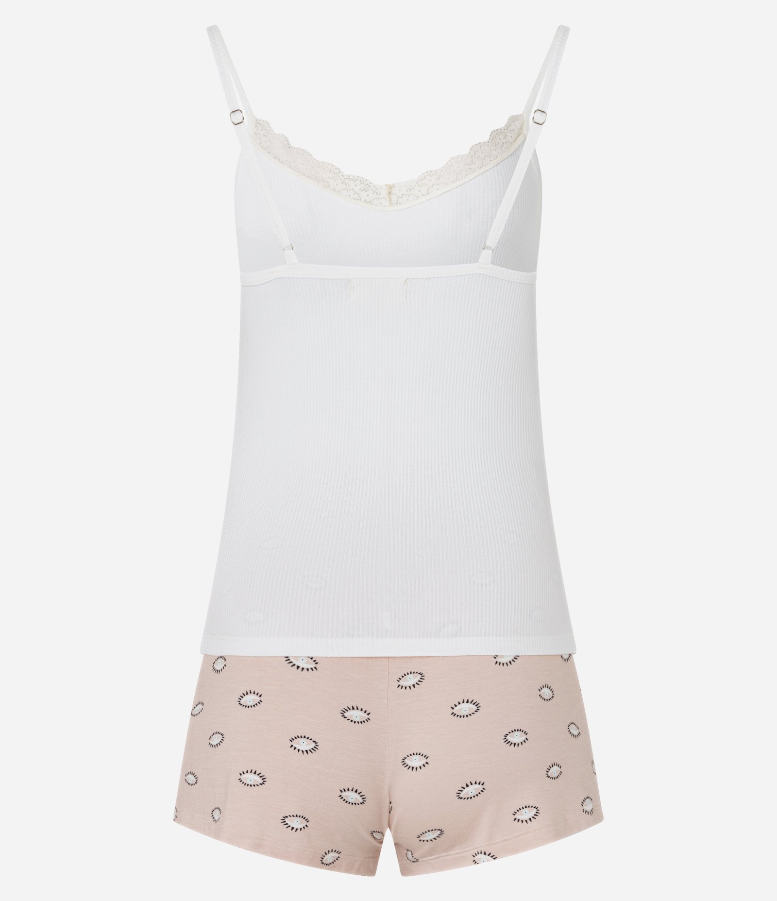 Pijama Short Doll em Ribana com Alcinha e Short Estampado de Olhinhos Branco 7