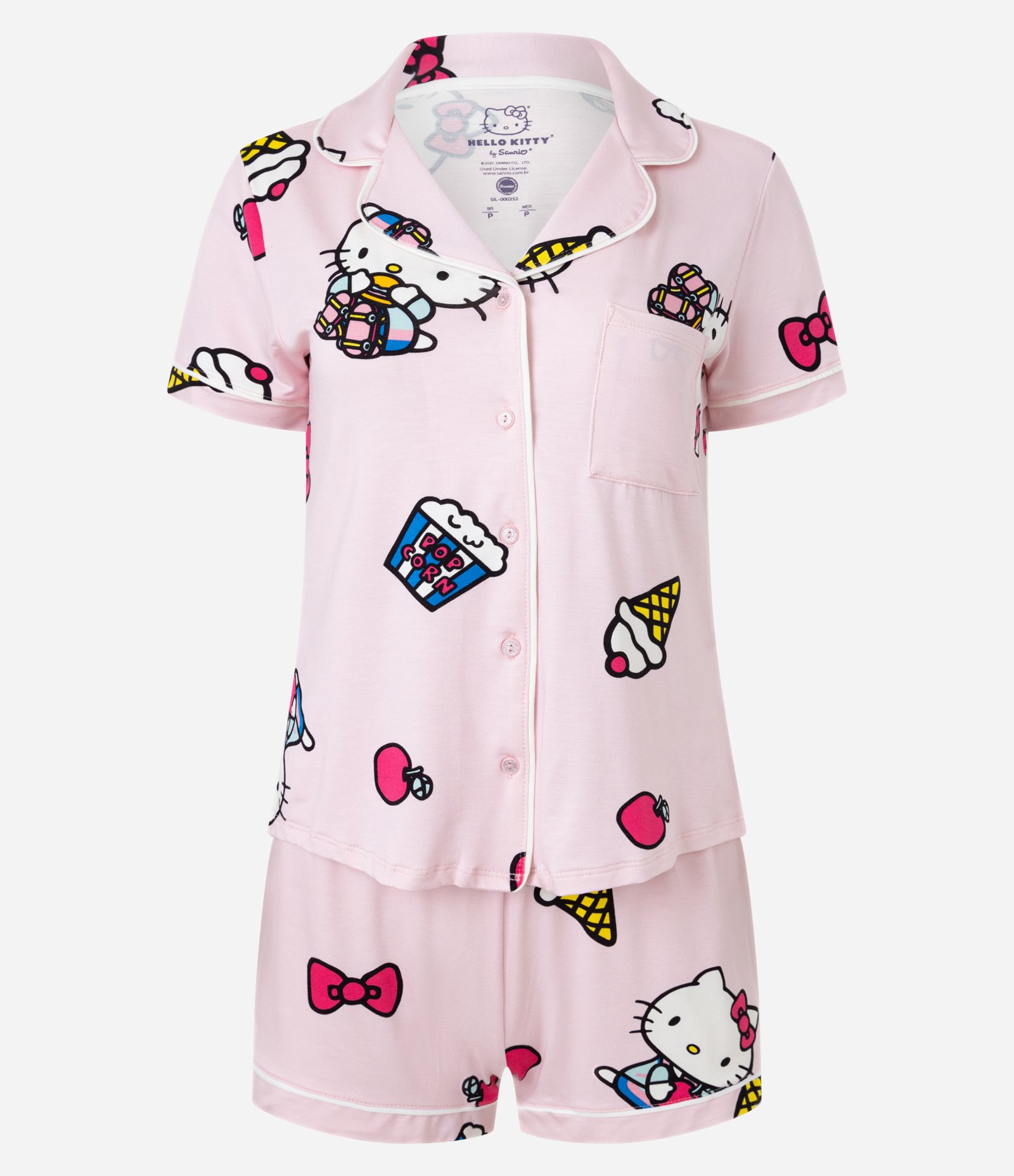 Pijama Short Doll Americano em Viscose com Estampa Hello Kitty Rosa 4