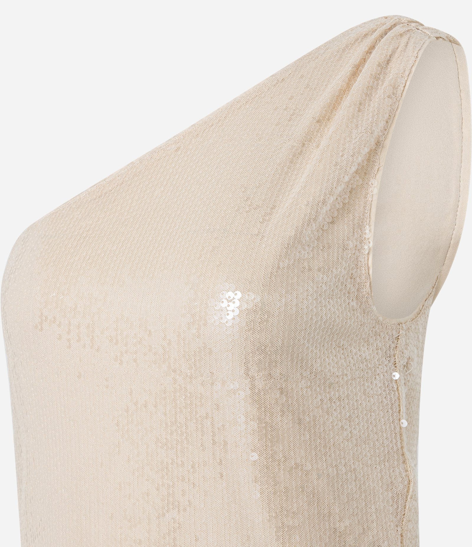 Blusa Ombro Só em Paetê Transparente e Franzido na Alça Bege 7