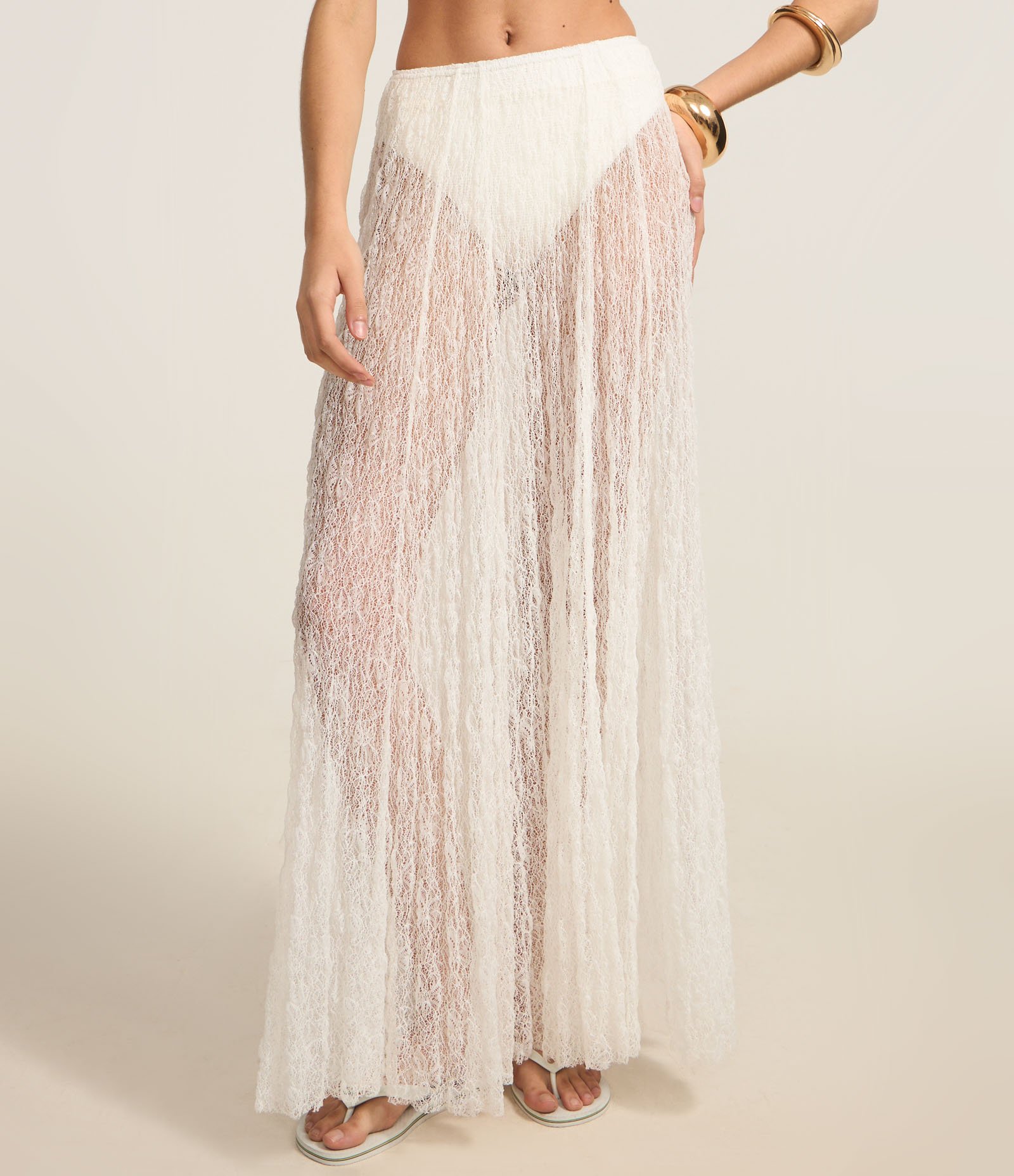 Saia Evasê New Midi com Renda Sem Forro Texturizada Branco 4