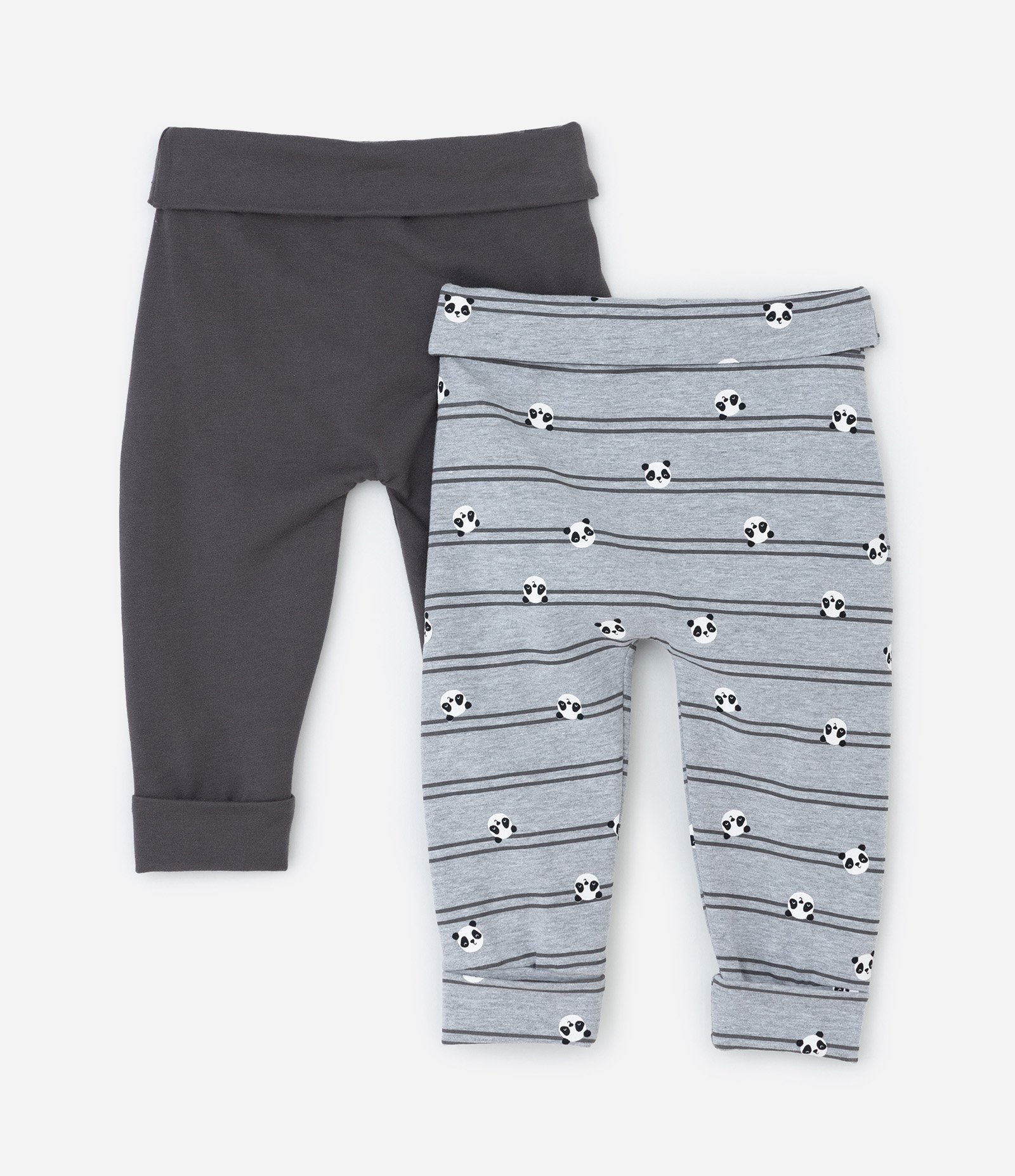 Kit 02 Calças Infantis com Cós Dobrável e Estampa Panda - Tam 0 a 18 meses Cinza 2