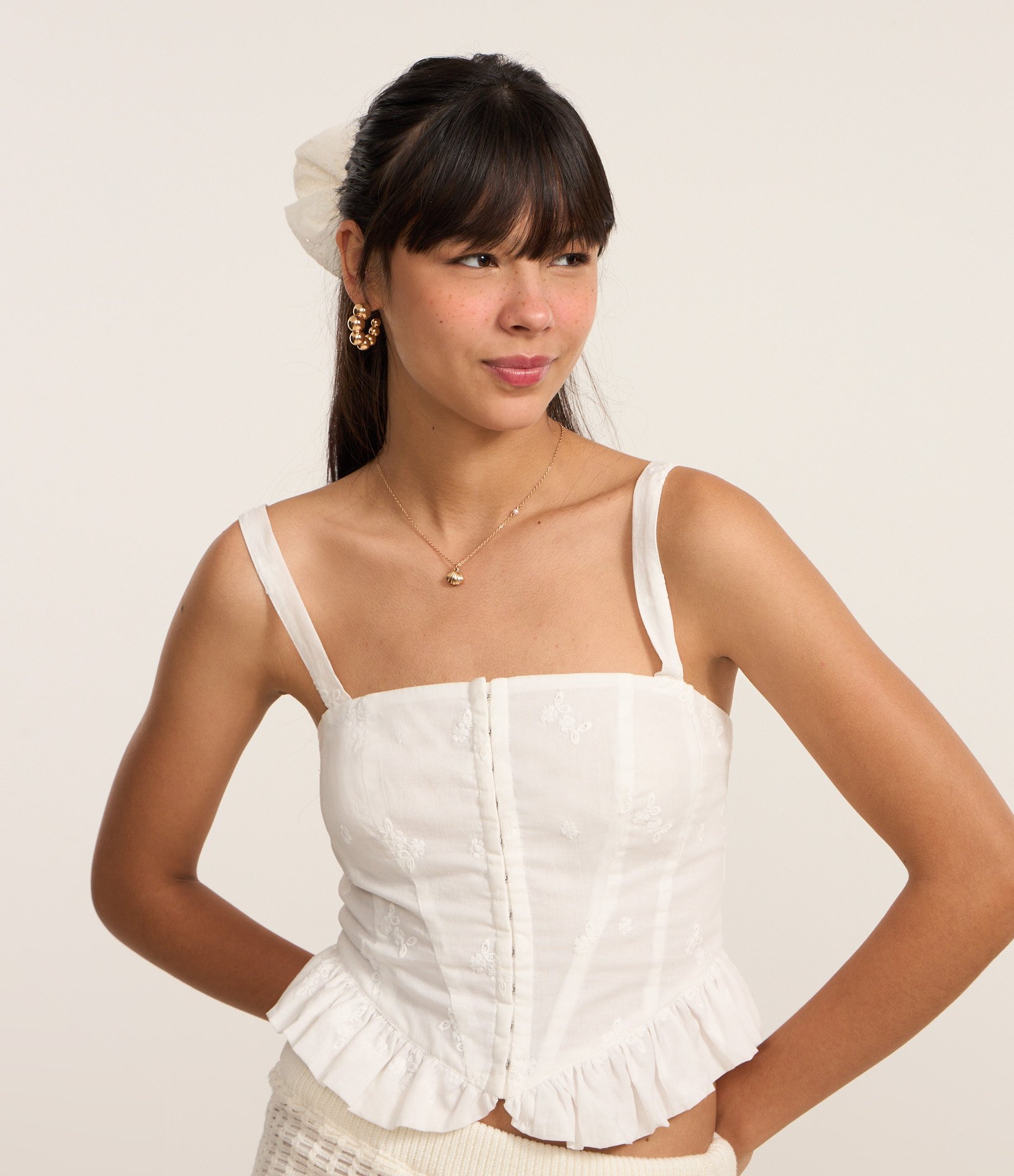 Blusa Corset em Laise com Bordado de Flores Branco 1