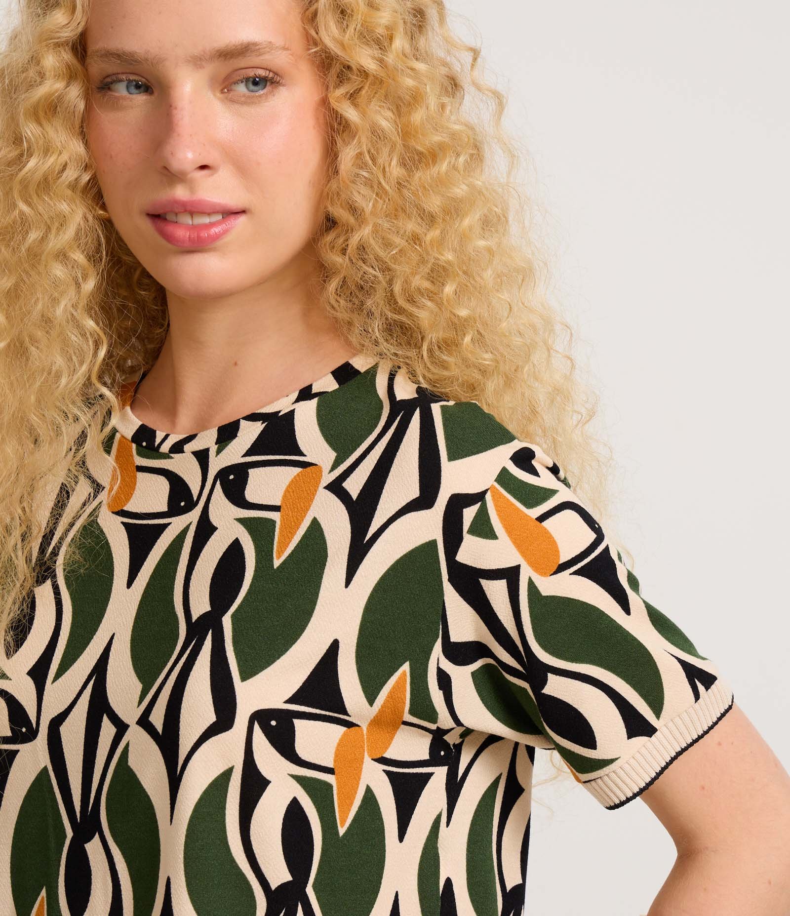 Blusa Cropped em Crepe com Estampa Geométrica Verde 3