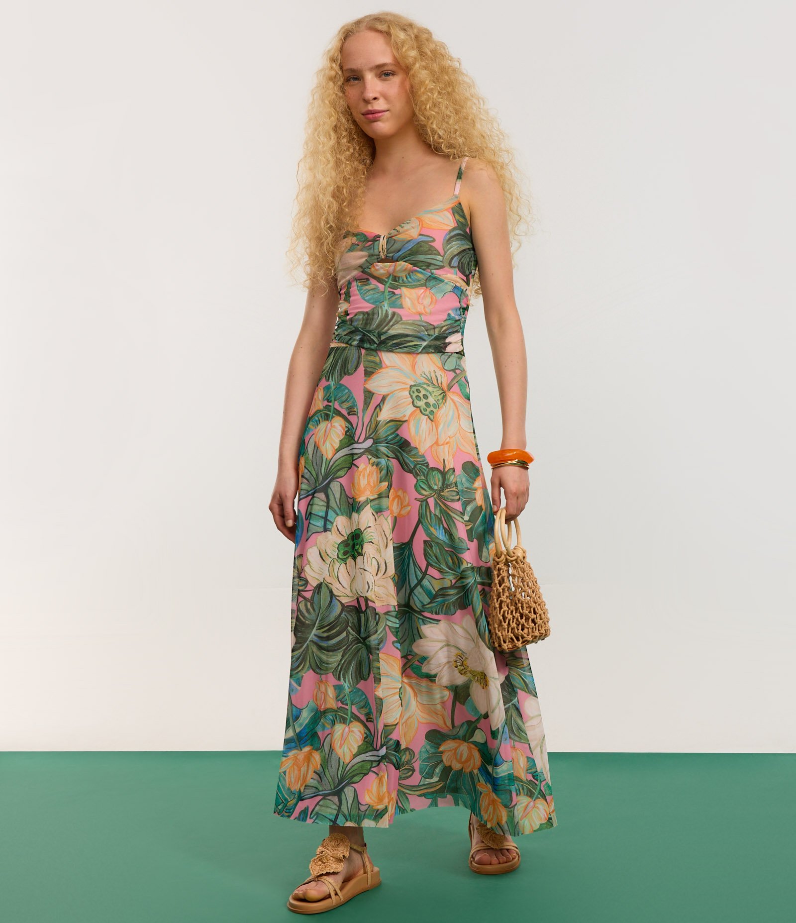 Vestido Long Midi em Tule com Estampa Floral e Alças Finas Multicores 4