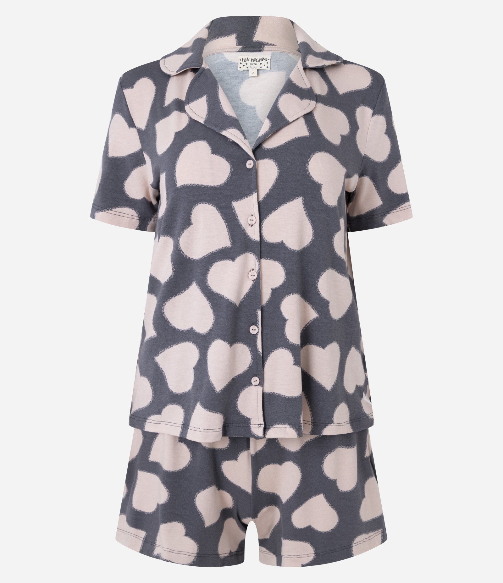 Pijama Short Doll Americano em Viscose com Estampa de Corações Cinza/Rosa 4