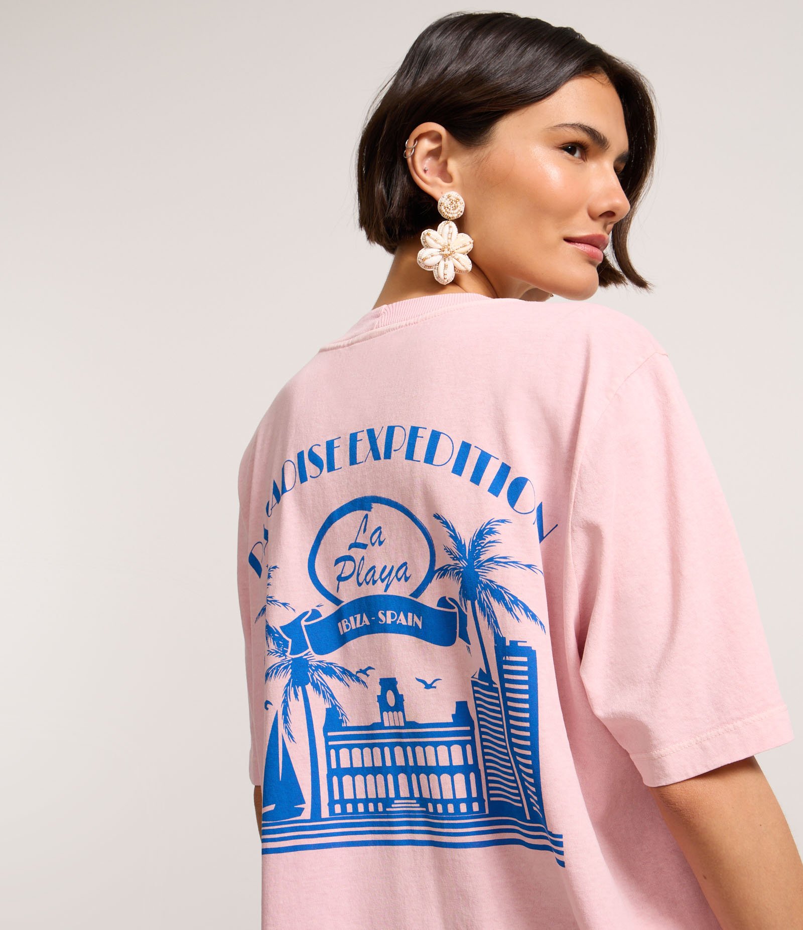 Camiseta Alongada em Algodão com Estampa La Playa Rosa 1