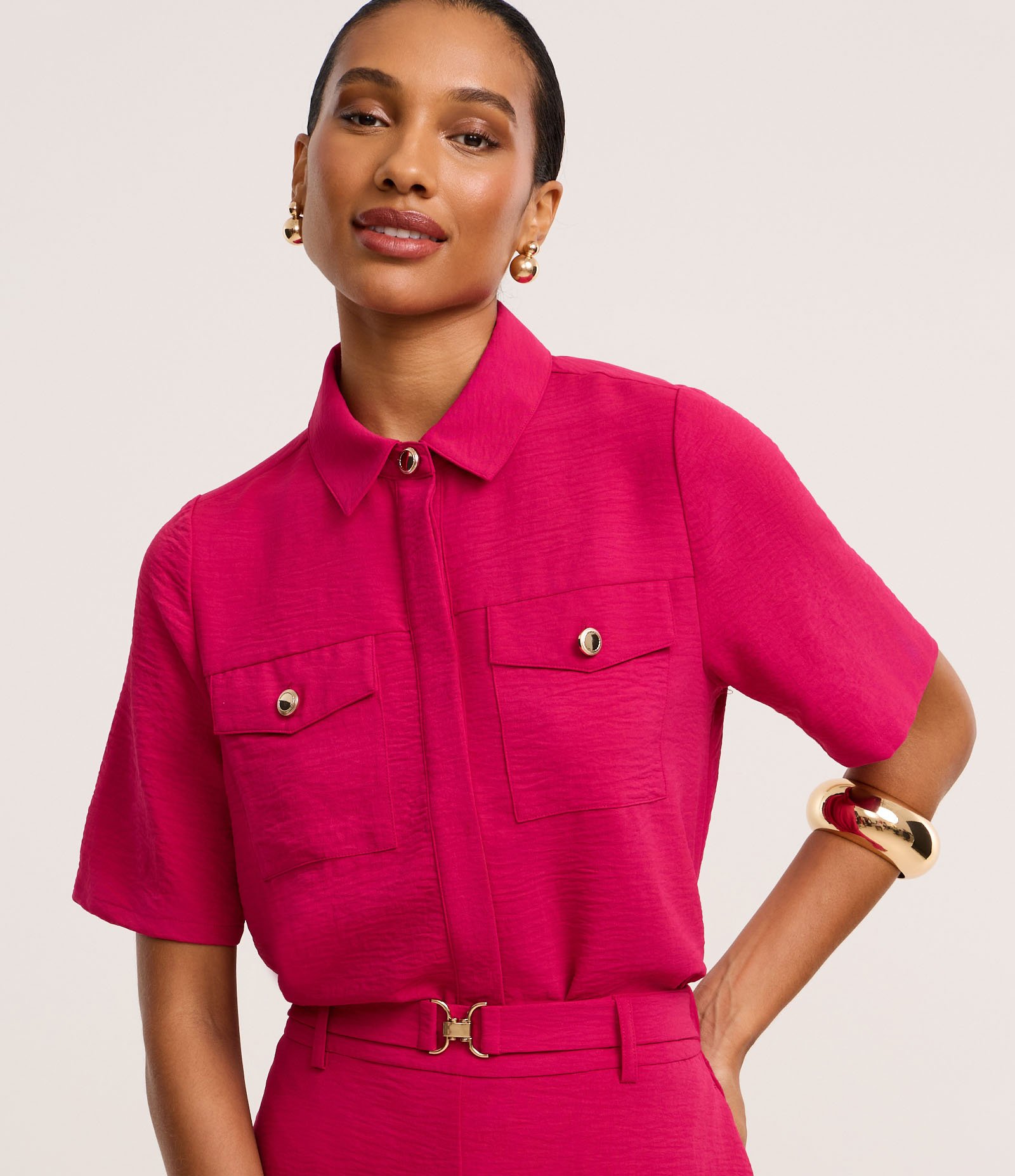 Camisa Airflow com Botões Metalizados e Bolsos Frontais Rosa 1