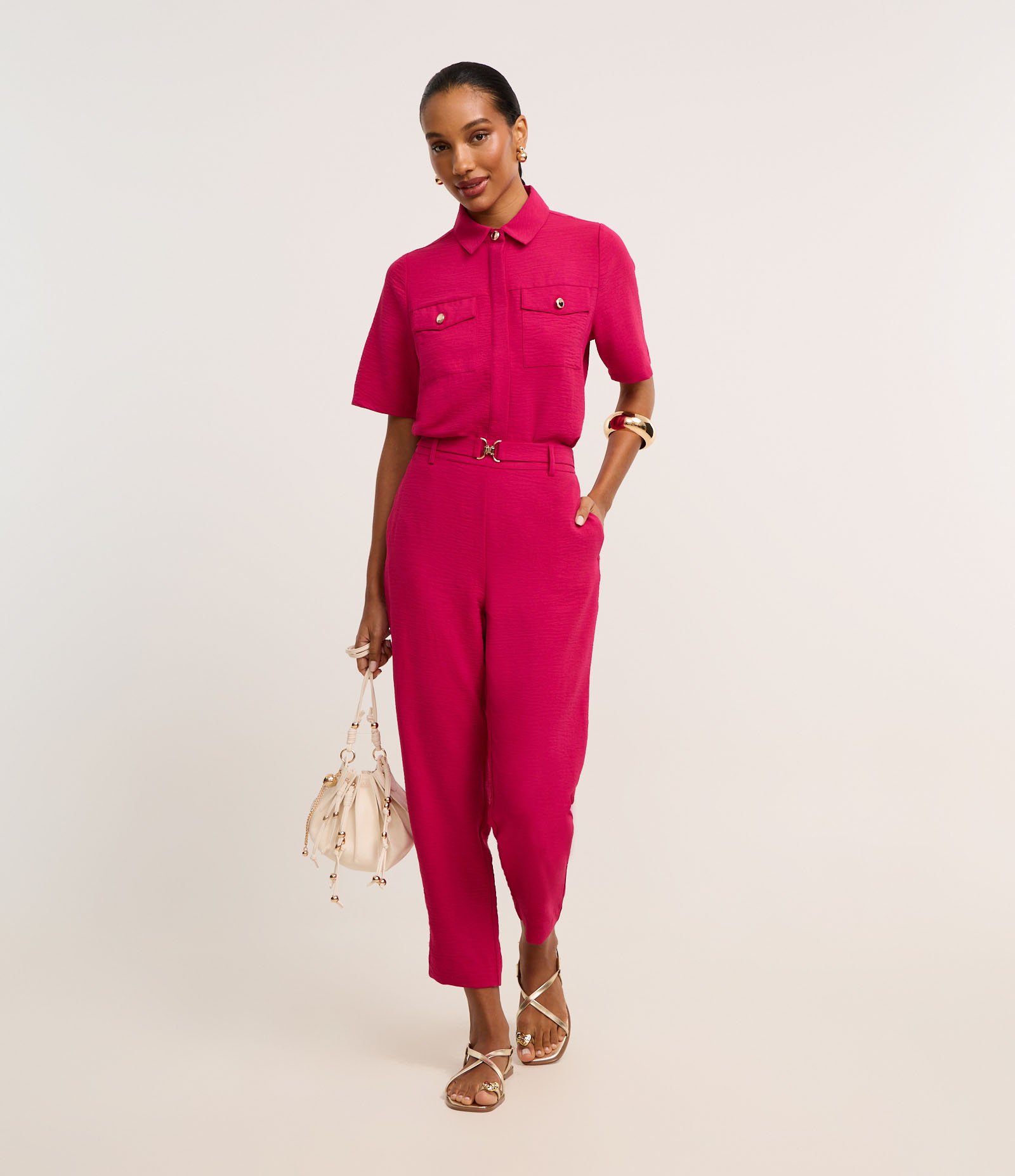 Camisa Airflow com Botões Metalizados e Bolsos Frontais Rosa 2