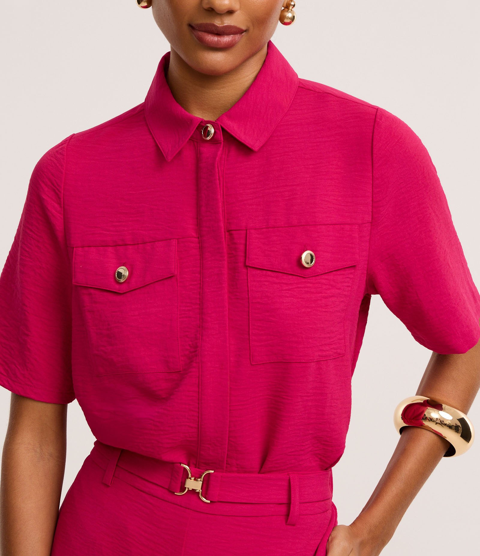 Camisa Airflow com Botões Metalizados e Bolsos Frontais Rosa 4