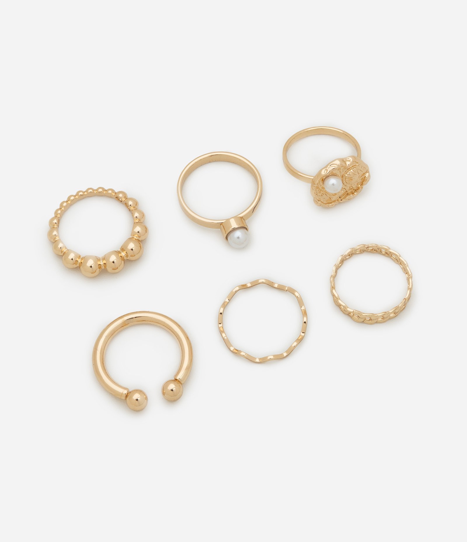 Kit 06 Anéis em Metal com Textura e Detalhe em Pérola e Concha Dourado 2