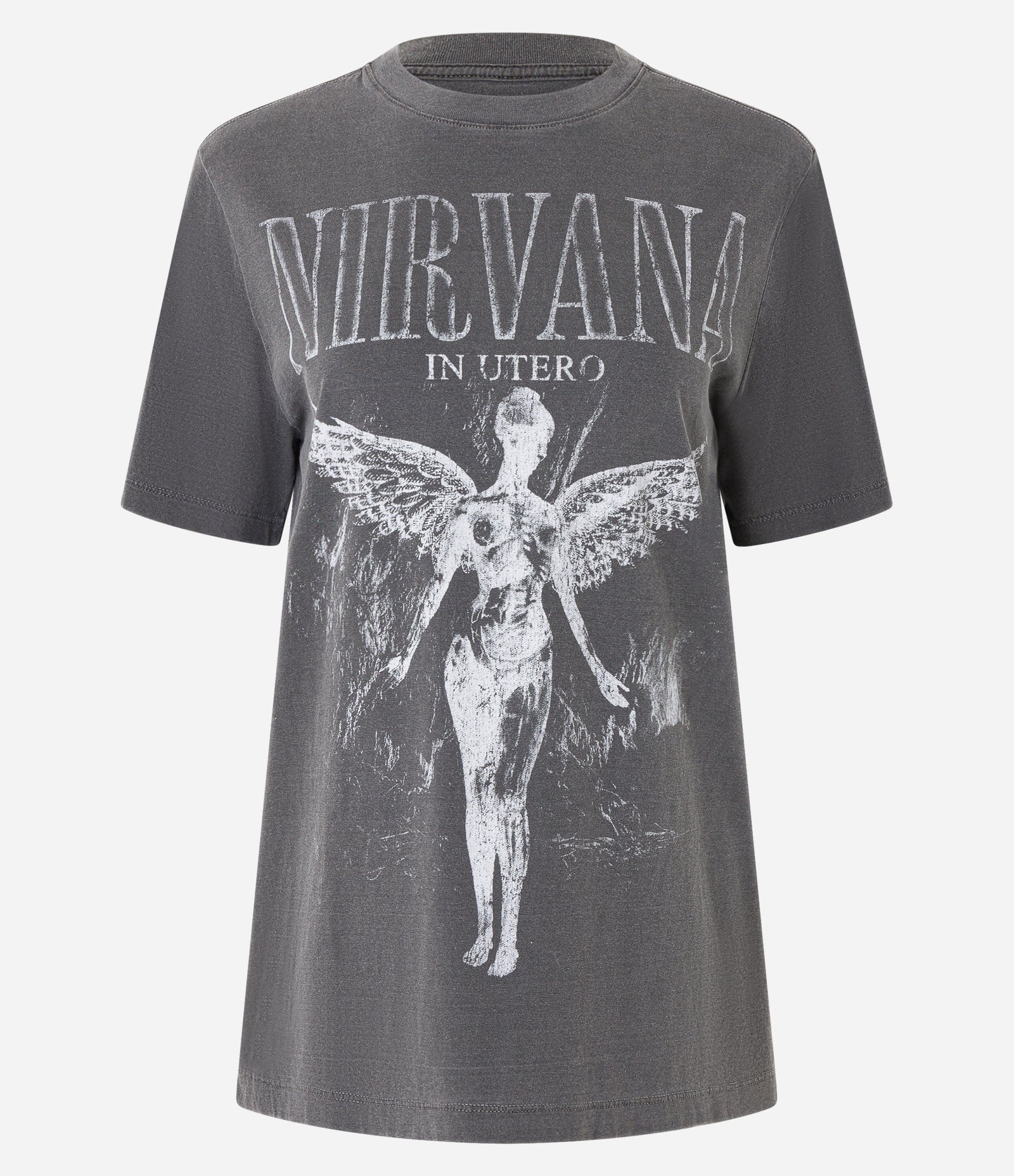 Camiseta Alongada em Algodão com Estampa Anjo Nirvana Preto Acinzentado 5