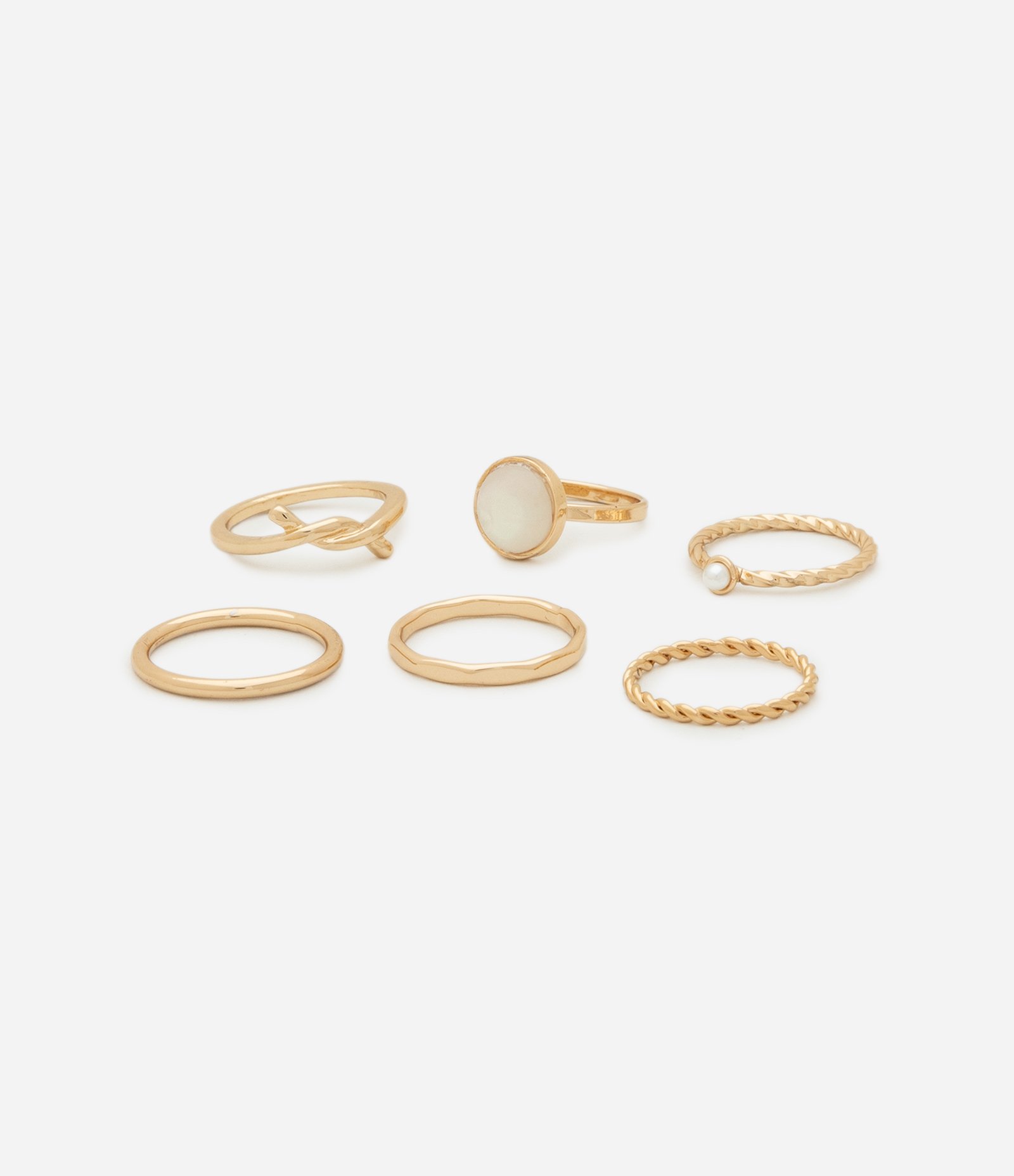 Kit 06 Anéis em Metal com Textura e Detalhe em Pérola Dourado 3