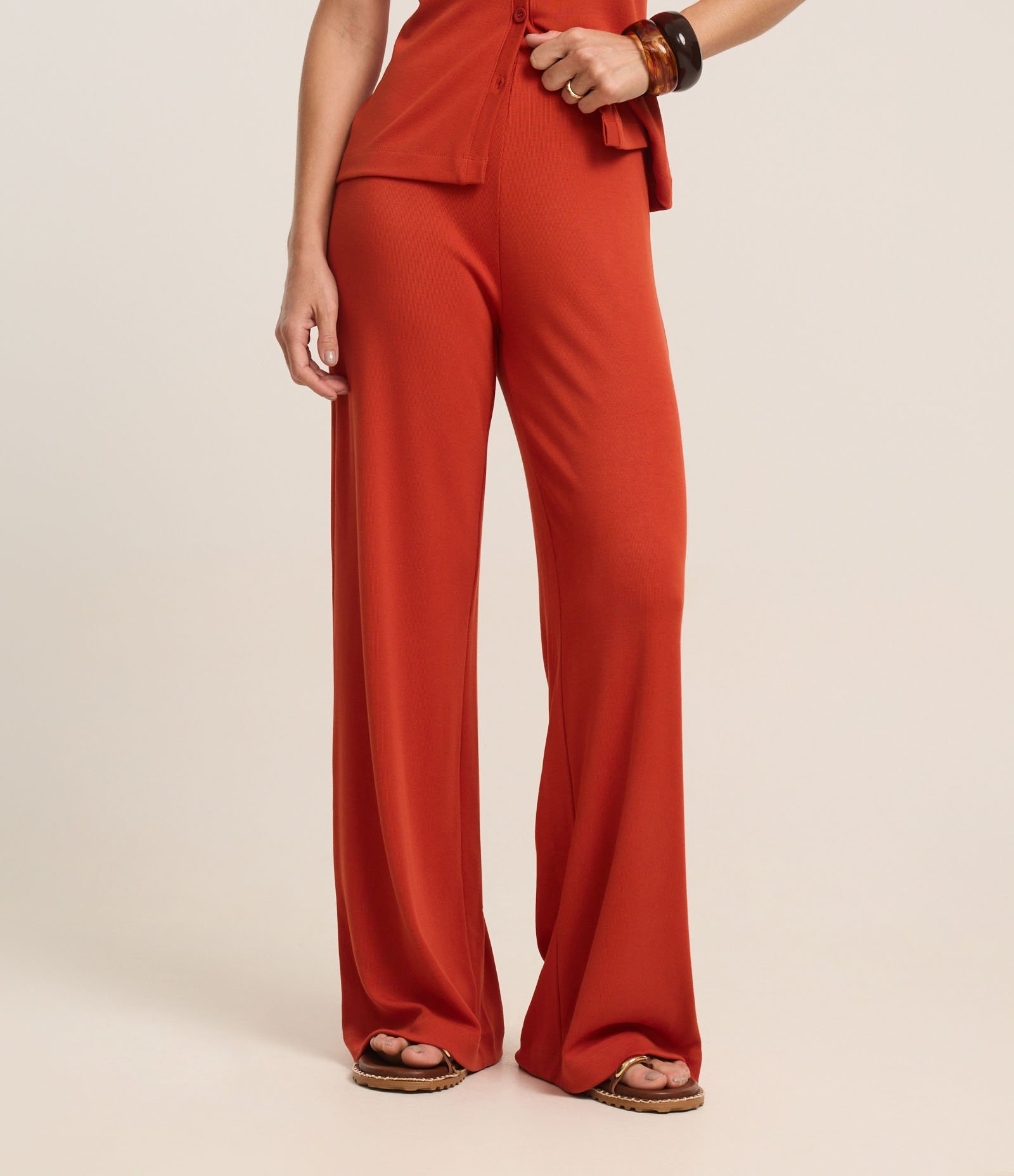 Calça Pantalona em Ribana com Textura Canelada e Cós Elástico Laranja 3