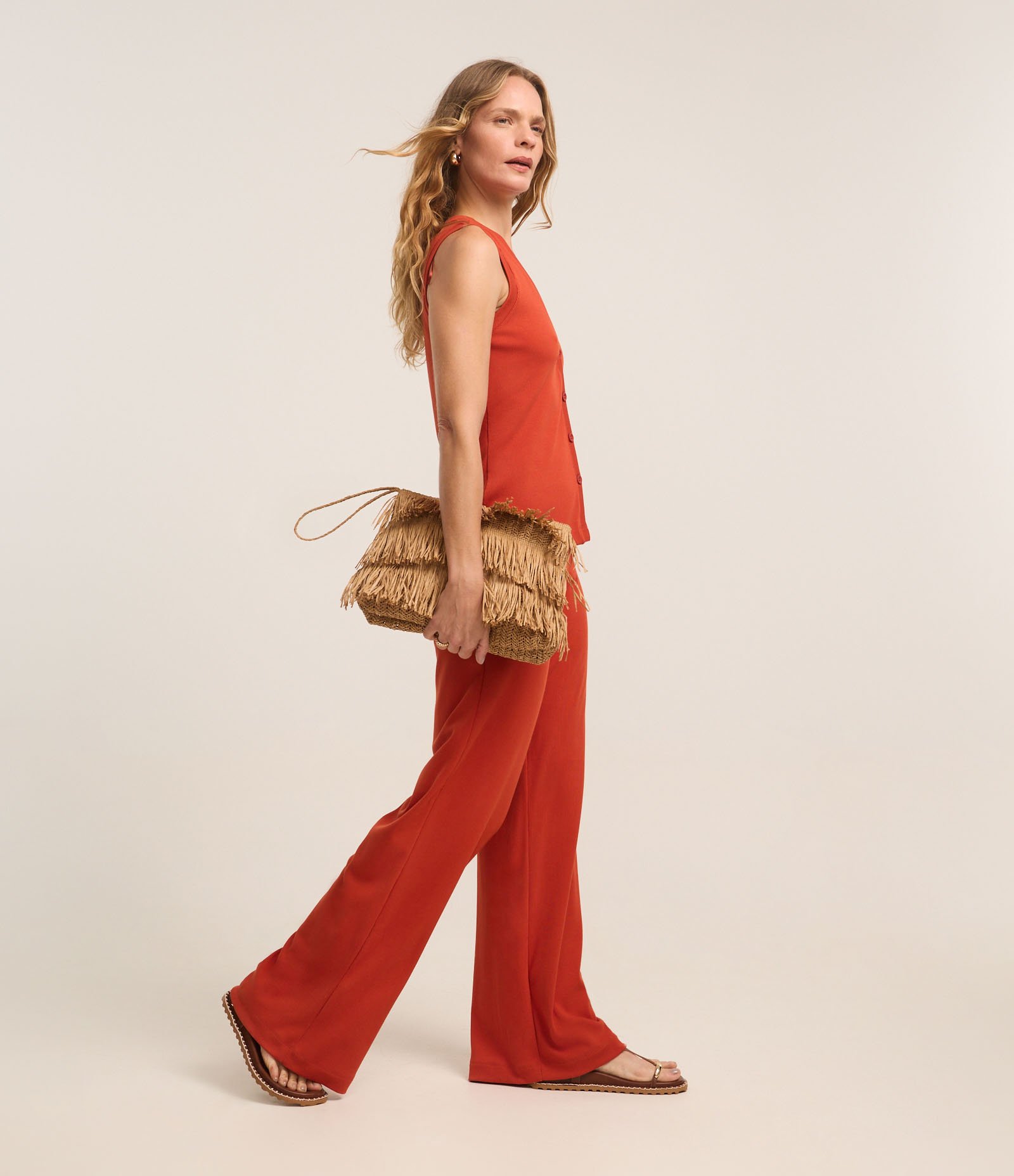 Calça Pantalona em Ribana com Textura Canelada e Cós Elástico Laranja 5