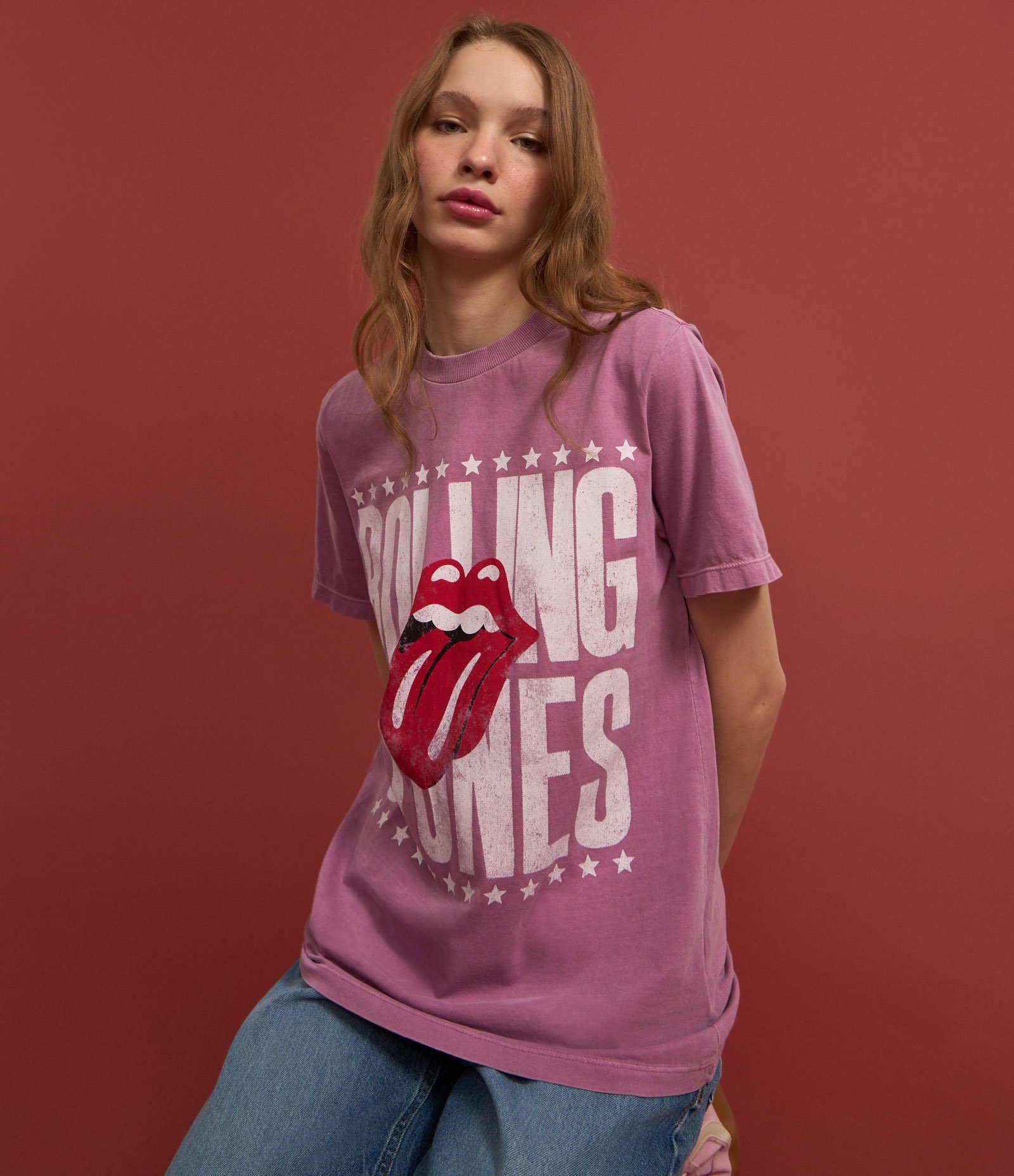 Camiseta Alongada em Algodão com Estampa Rolling Stones Rosa 4