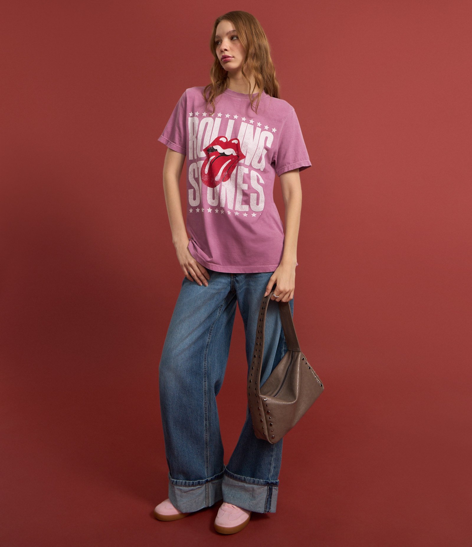 Camiseta Alongada em Algodão com Estampa Rolling Stones Rosa 5