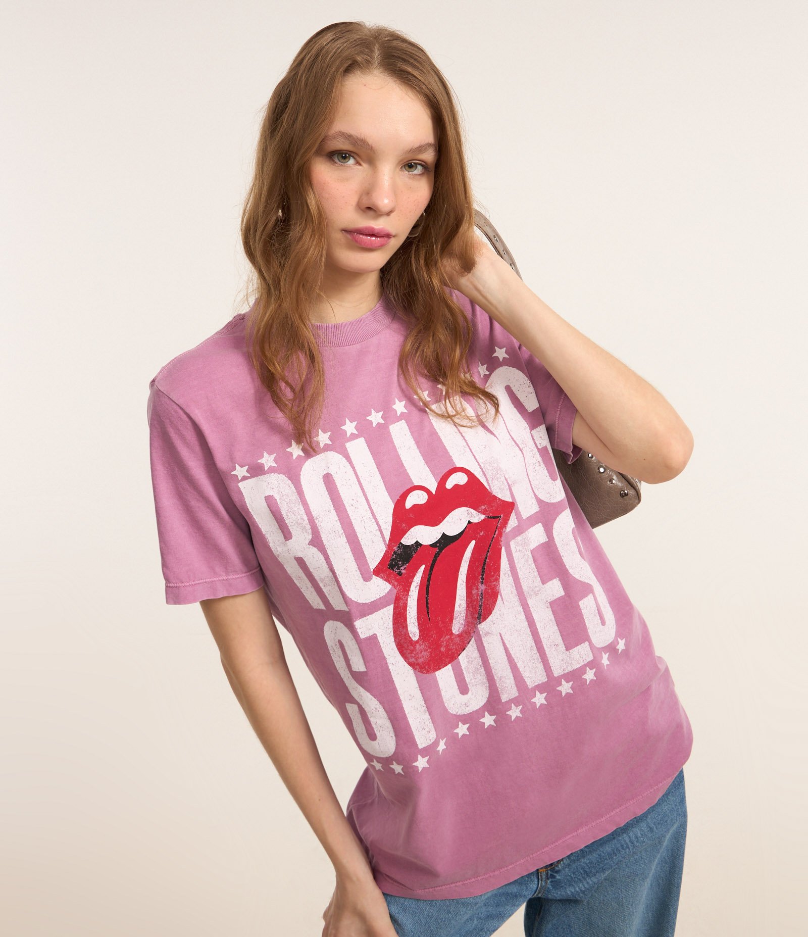 Camiseta Alongada em Algodão com Estampa Rolling Stones Rosa 1