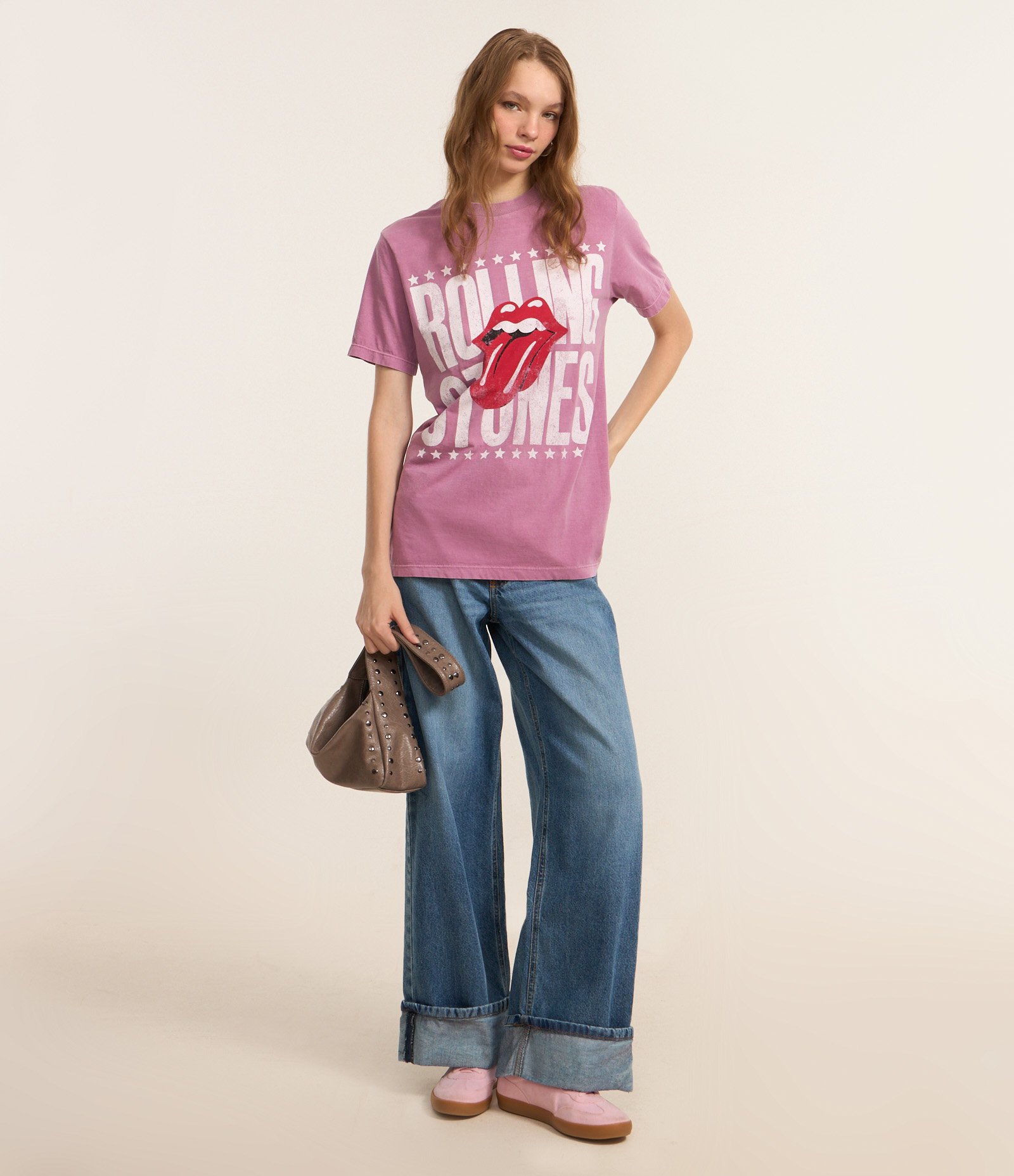 Camiseta Alongada em Algodão com Estampa Rolling Stones Rosa 2