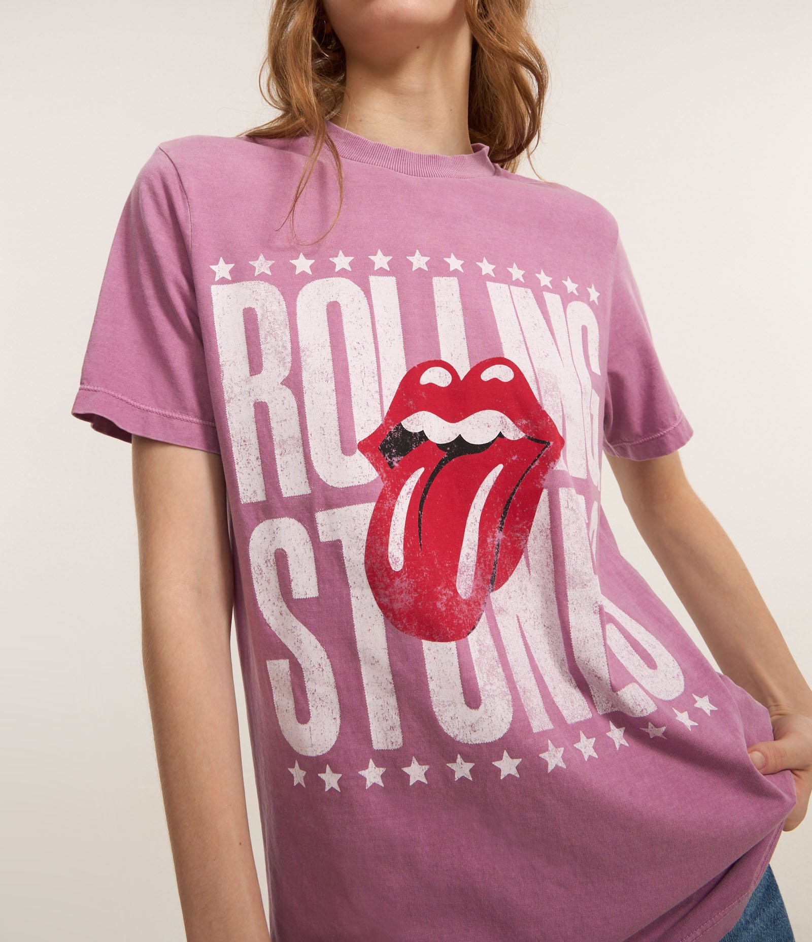 Camiseta Alongada em Algodão com Estampa Rolling Stones Rosa 3