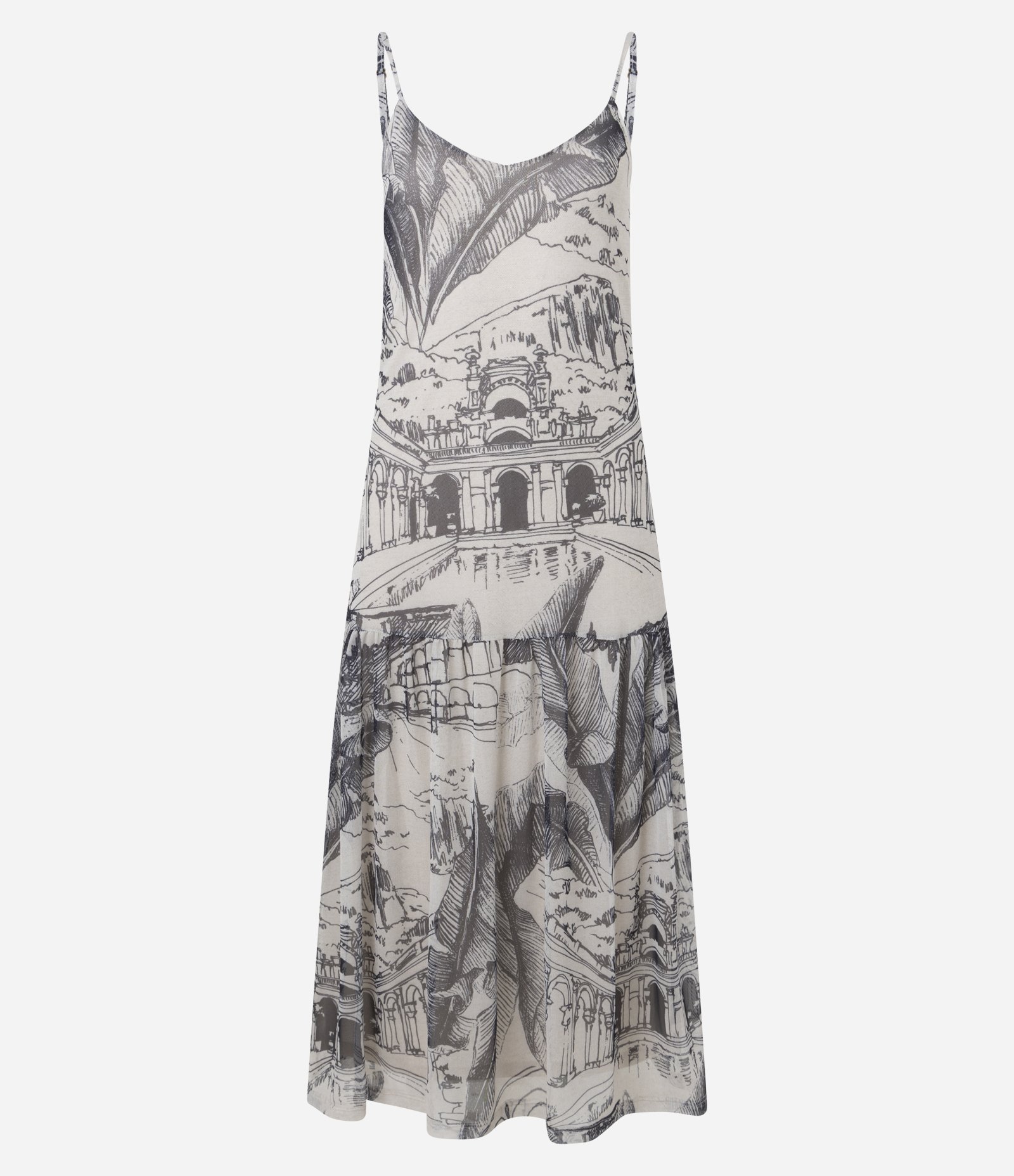 Vestido Godê Midi com Estampa Parque Lage e Alça Fina Preto/Off White 6