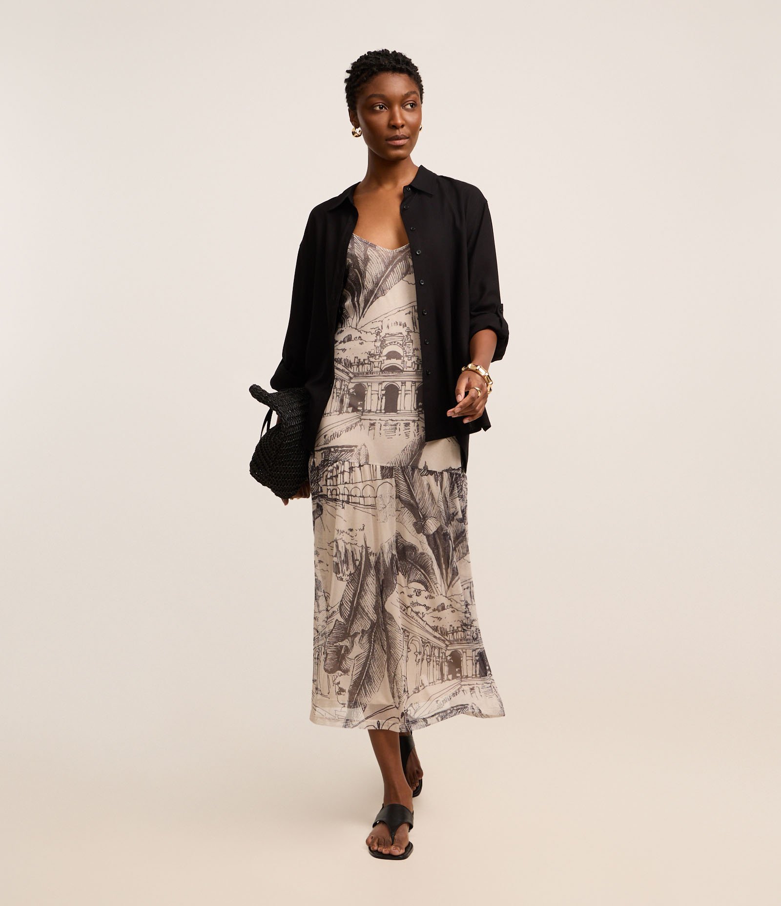 Vestido Godê Midi com Estampa Parque Lage e Alça Fina Preto/Off White 1