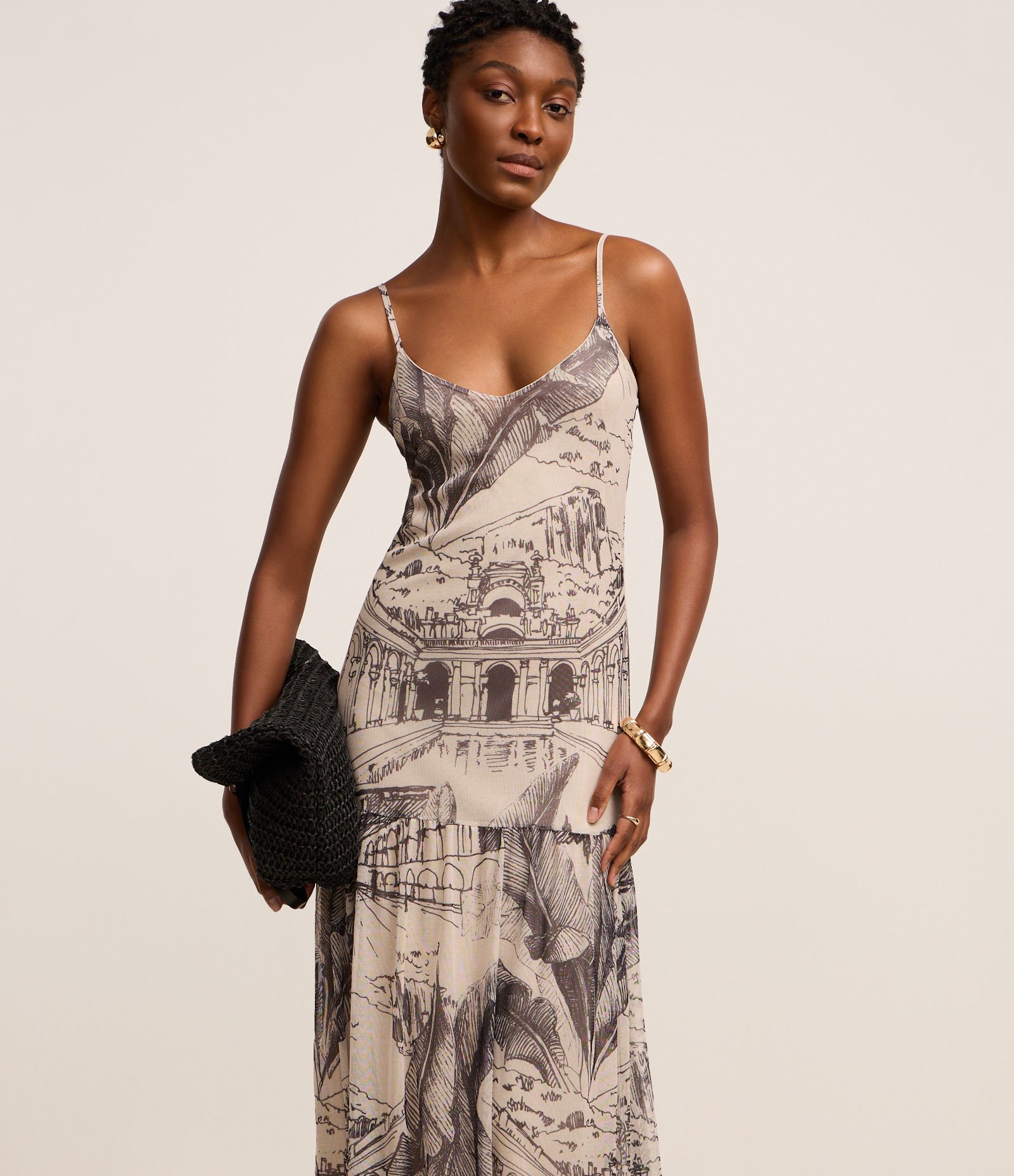 Vestido Godê Midi com Estampa Parque Lage e Alça Fina Preto/Off White 2