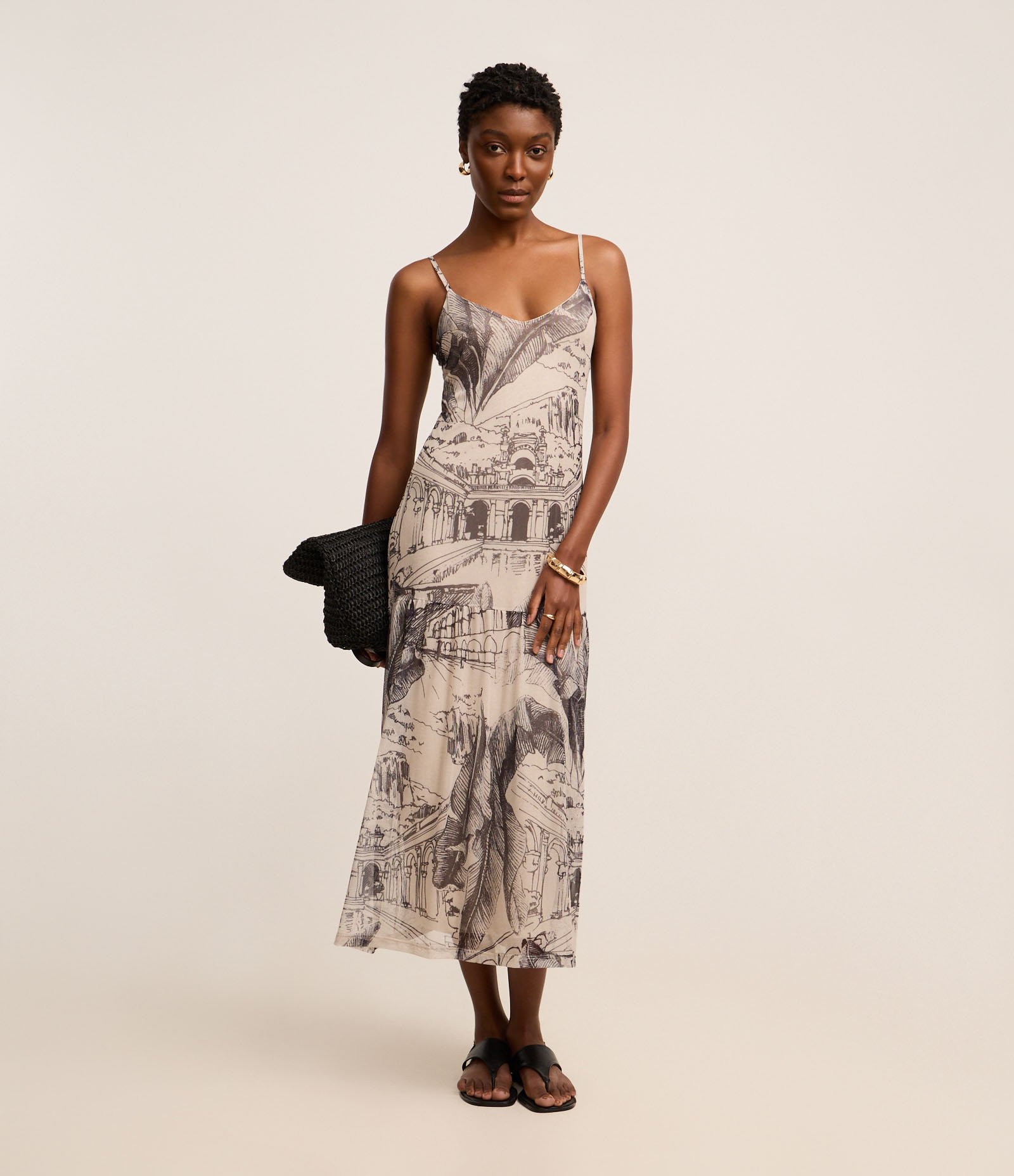 Vestido Godê Midi com Estampa Parque Lage e Alça Fina Preto/Off White 4