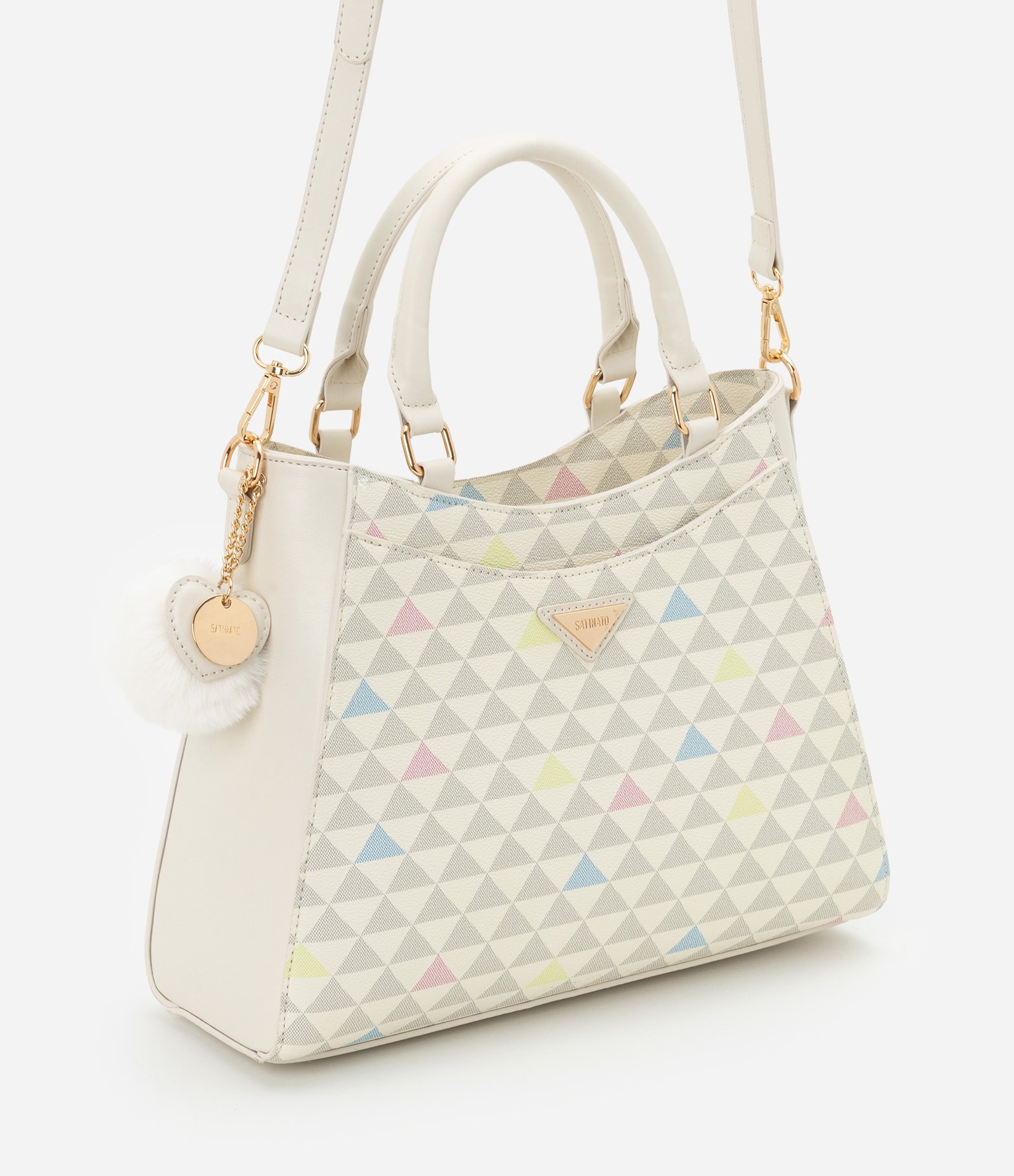 Bolsa Satchel em PU com Estampa Triângulo e Charm de Coração Off White 2