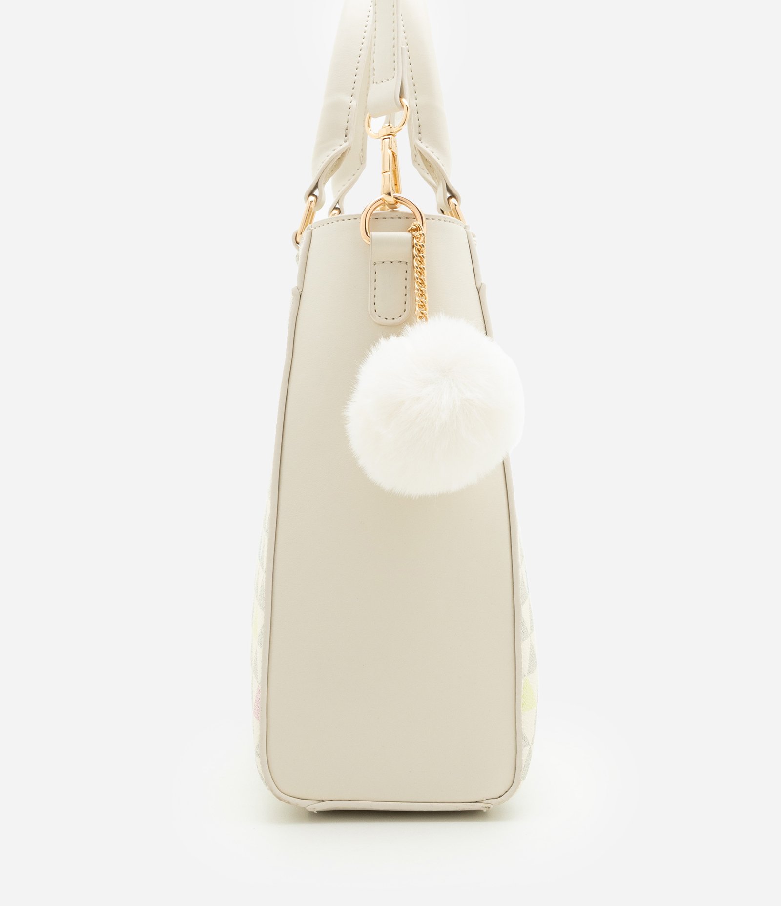 Bolsa Satchel em PU com Estampa Triângulo e Charm de Coração Off White 3