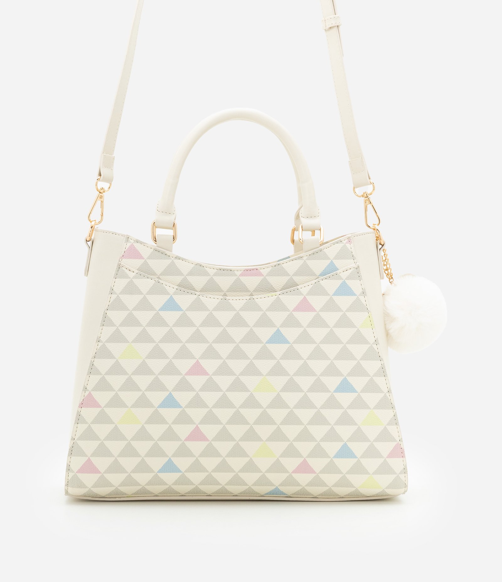 Bolsa Satchel em PU com Estampa Triângulo e Charm de Coração Off White 4