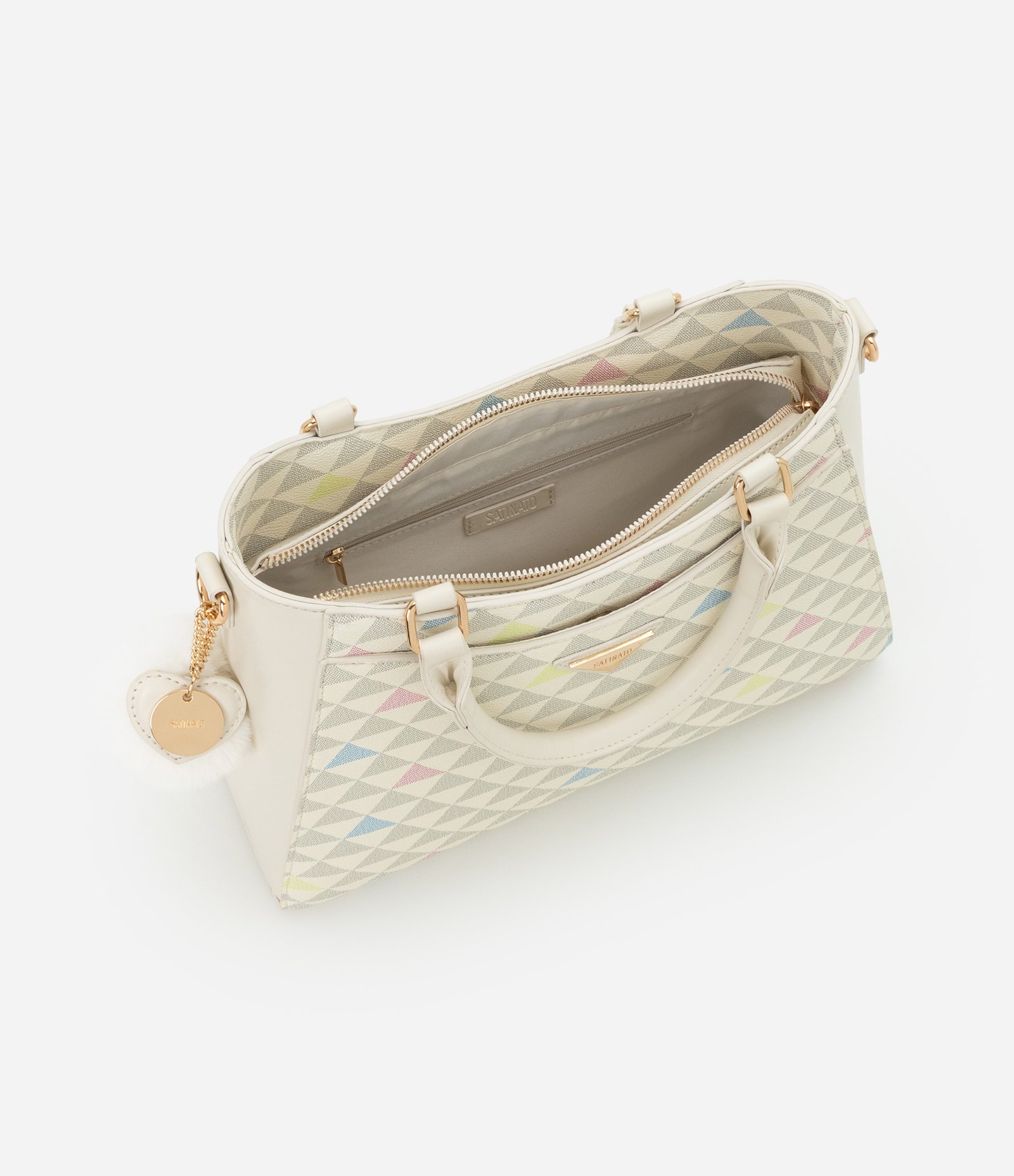 Bolsa Satchel em PU com Estampa Triângulo e Charm de Coração Off White 5