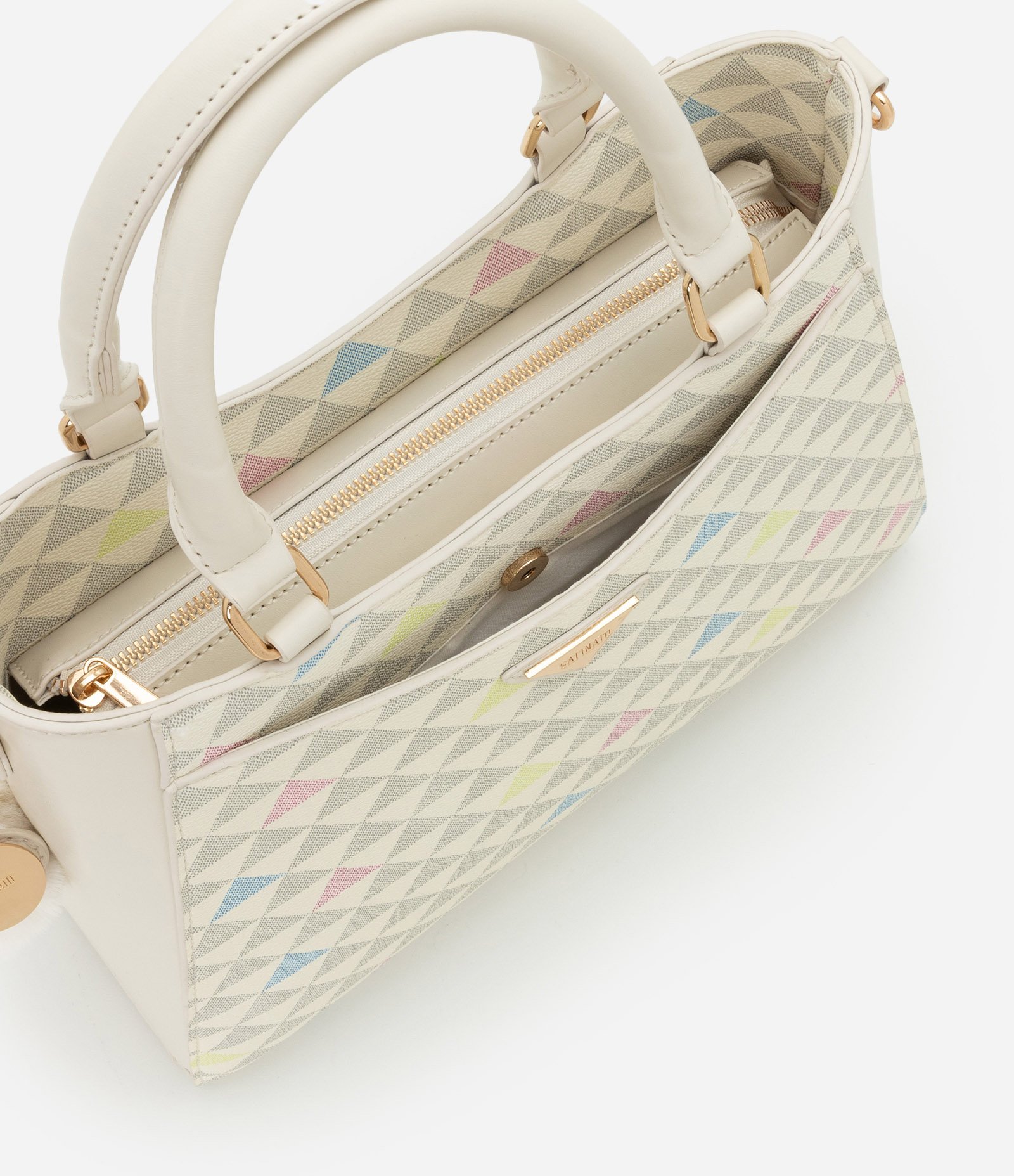 Bolsa Satchel em PU com Estampa Triângulo e Charm de Coração Off White 6