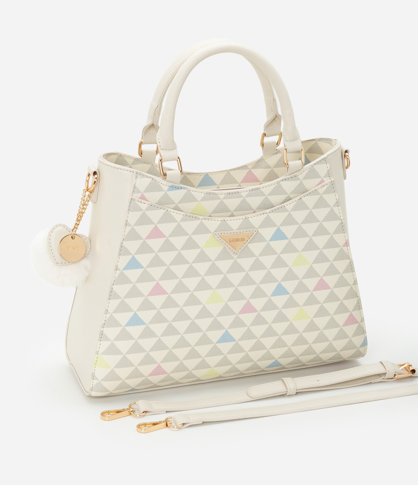Bolsa Satchel em PU com Estampa Triângulo e Charm de Coração Off White 8