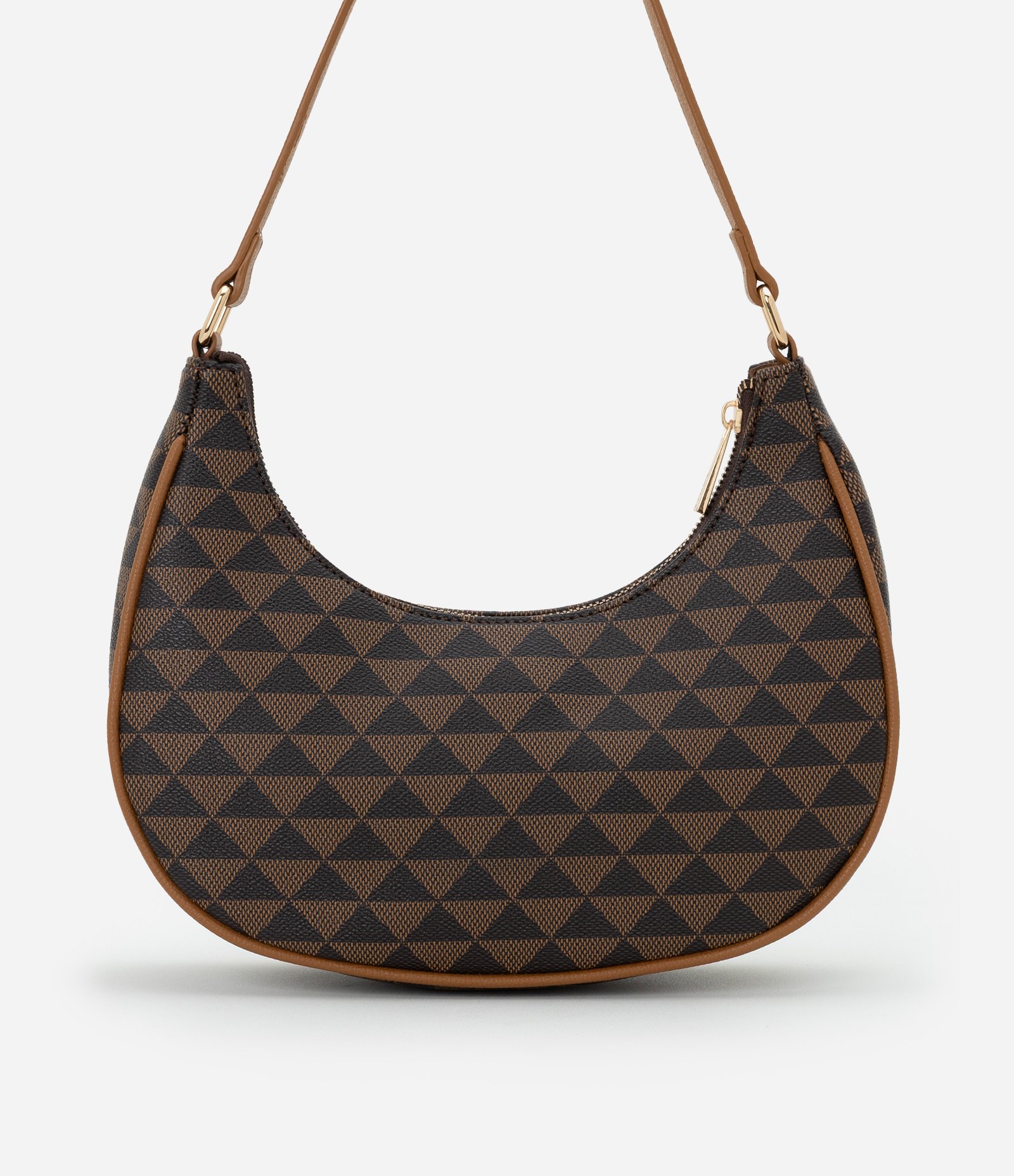 Bolsa Baguete Meia Lua Pequena com Estampa Triangular Marrom 3