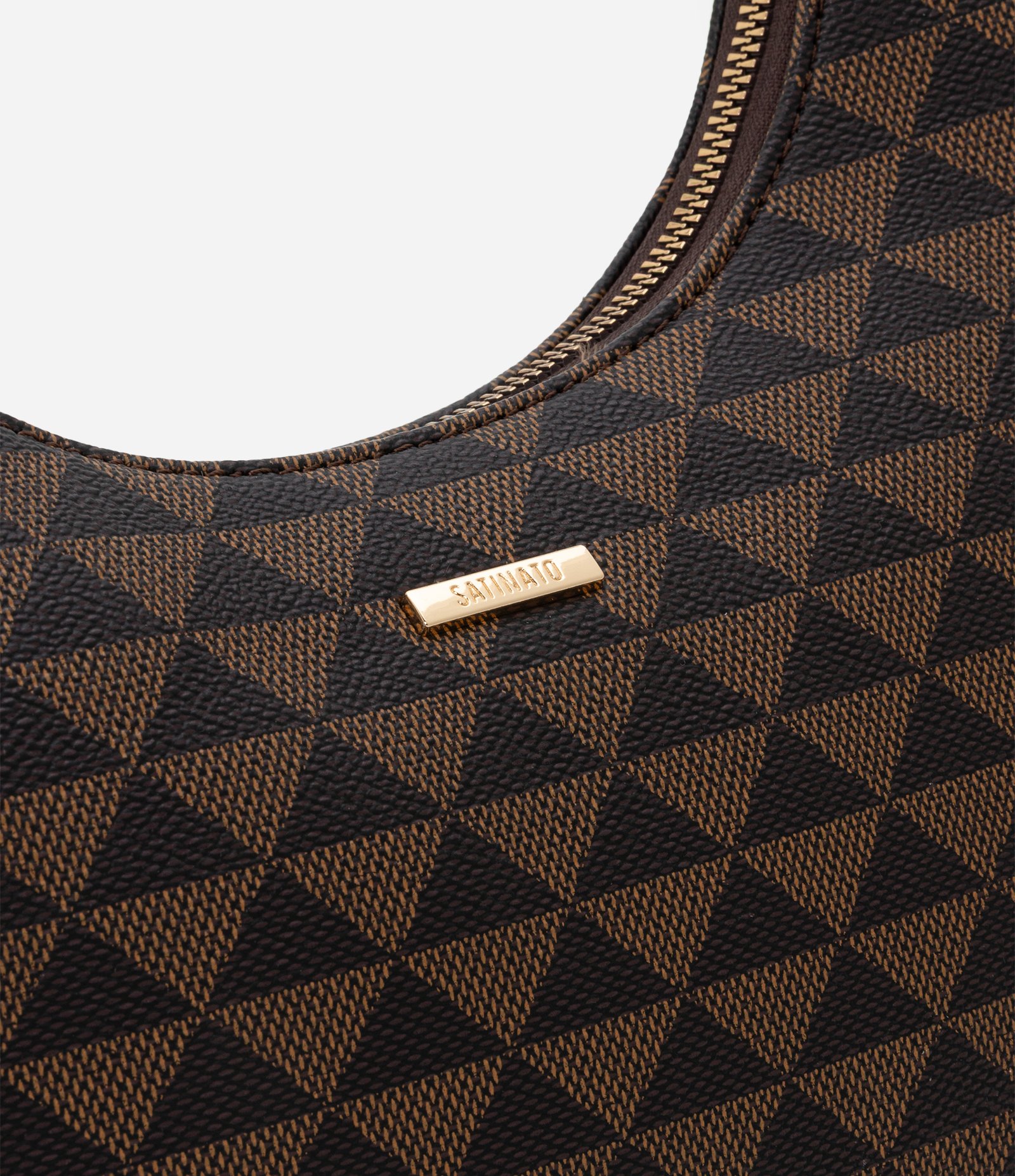 Bolsa Baguete Meia Lua Pequena com Estampa Triangular Marrom 4