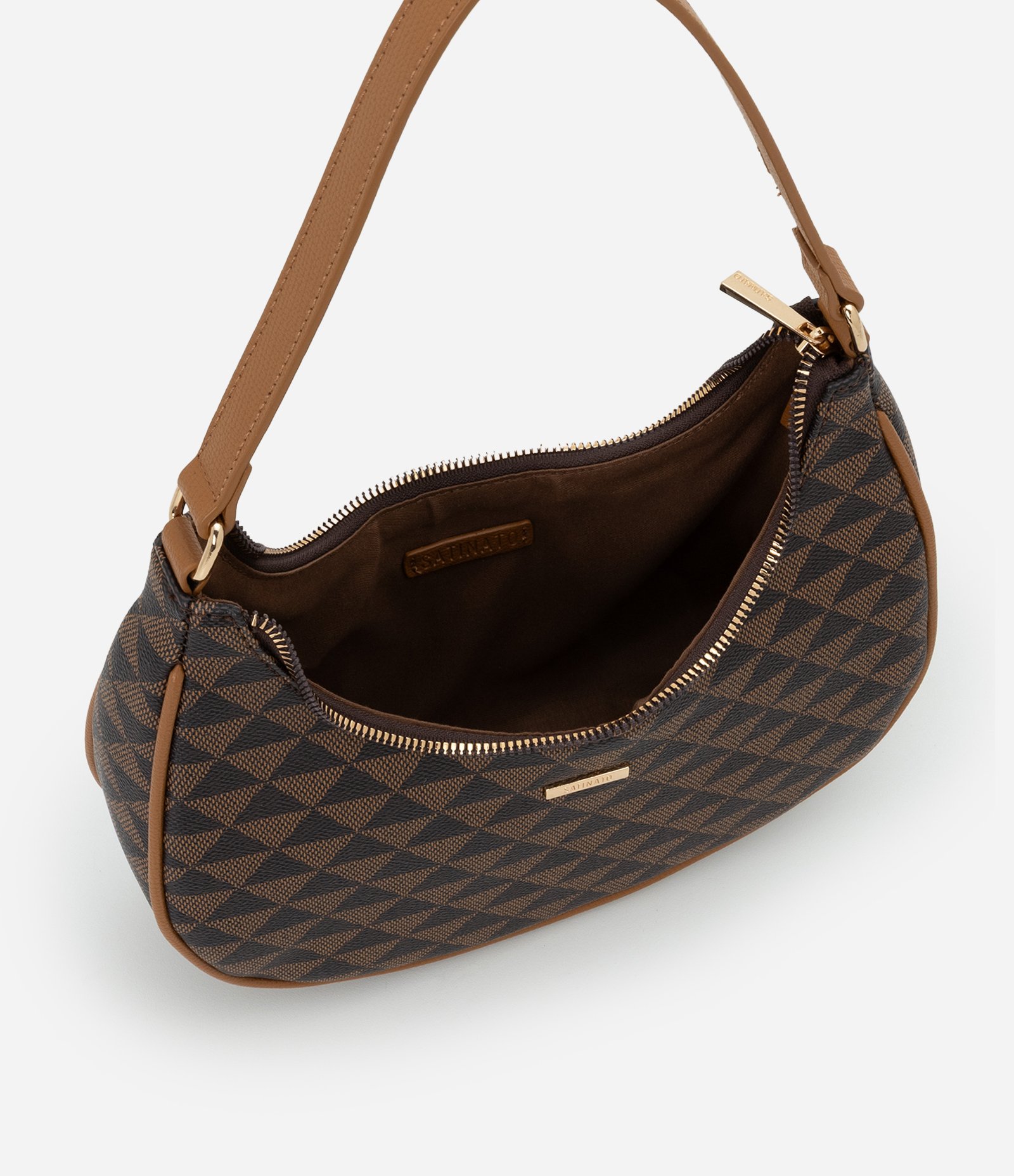 Bolsa Baguete Meia Lua Pequena com Estampa Triangular Marrom 5