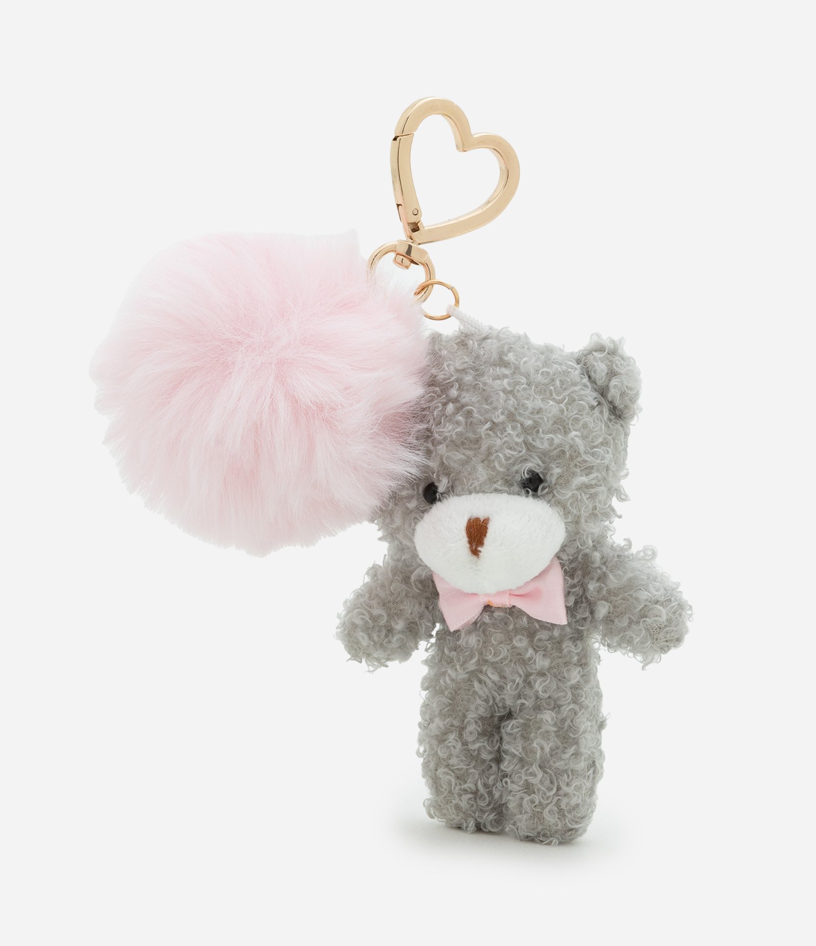 Chaveiro de Ursinho com Pompom e Mosquetão de Coração Cinza 2