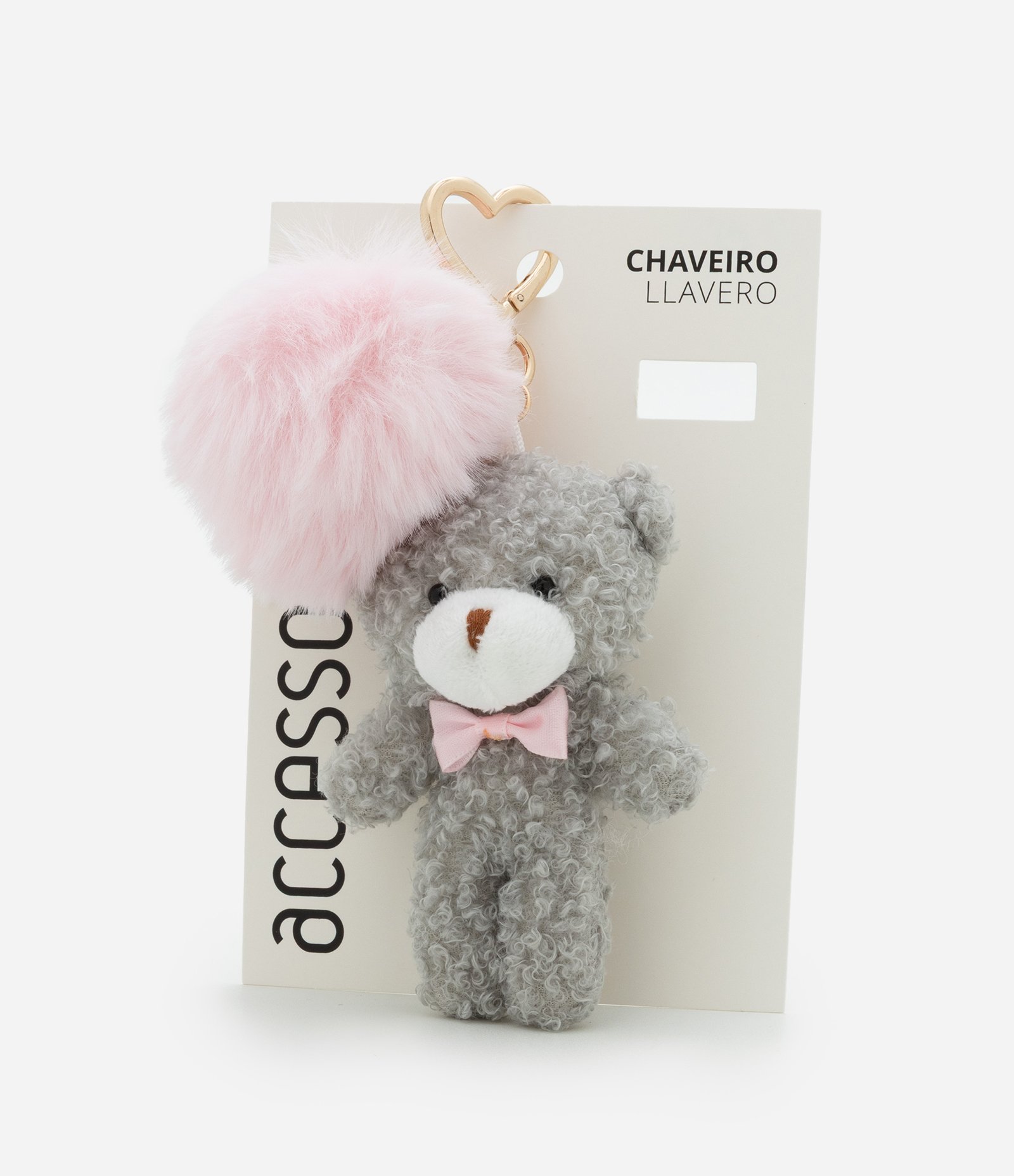 Chaveiro de Ursinho com Pompom e Mosquetão de Coração Cinza 4