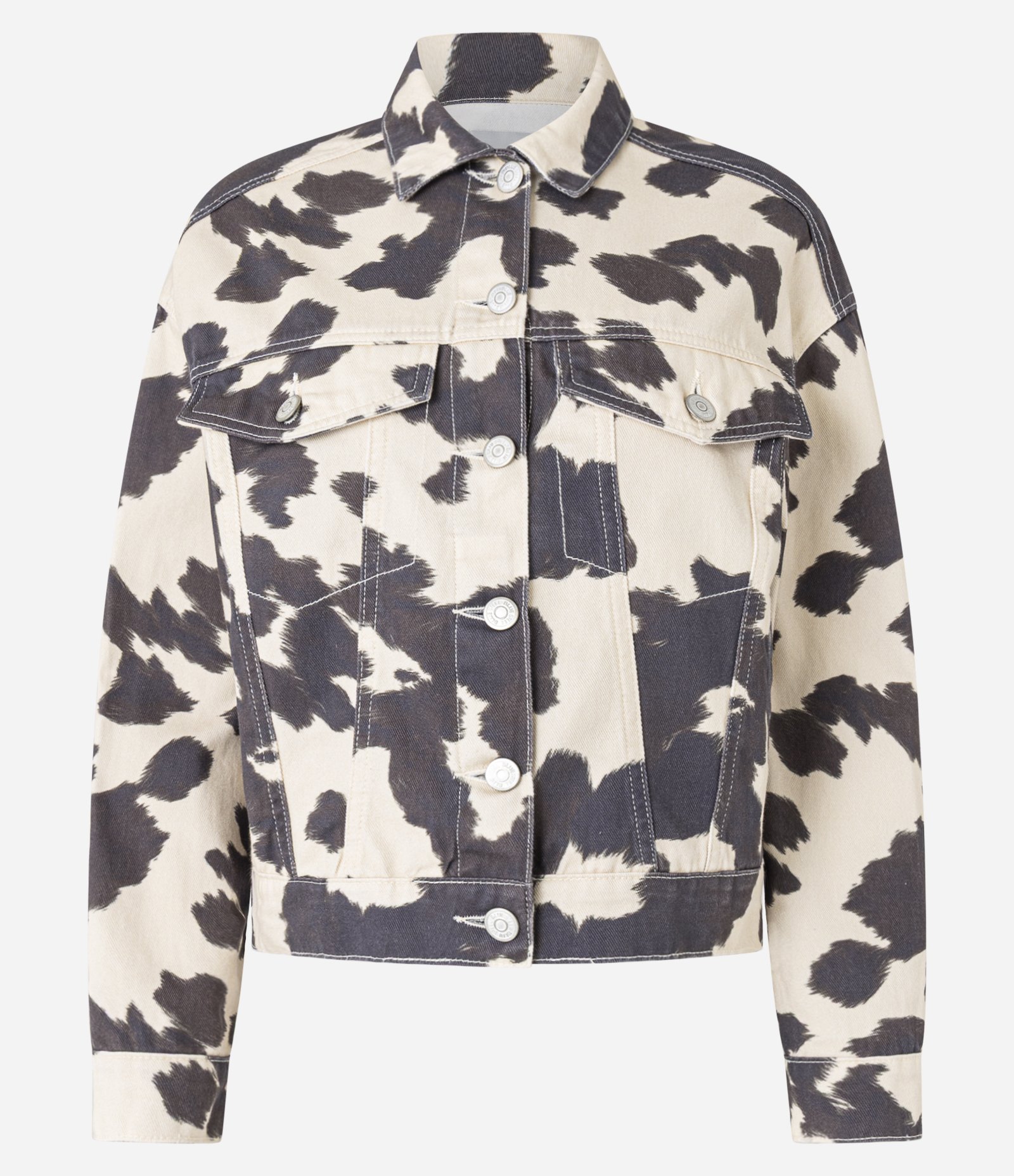 Jaqueta Trucker em Sarja Animal Print Vaca com Bolsos Bege 6