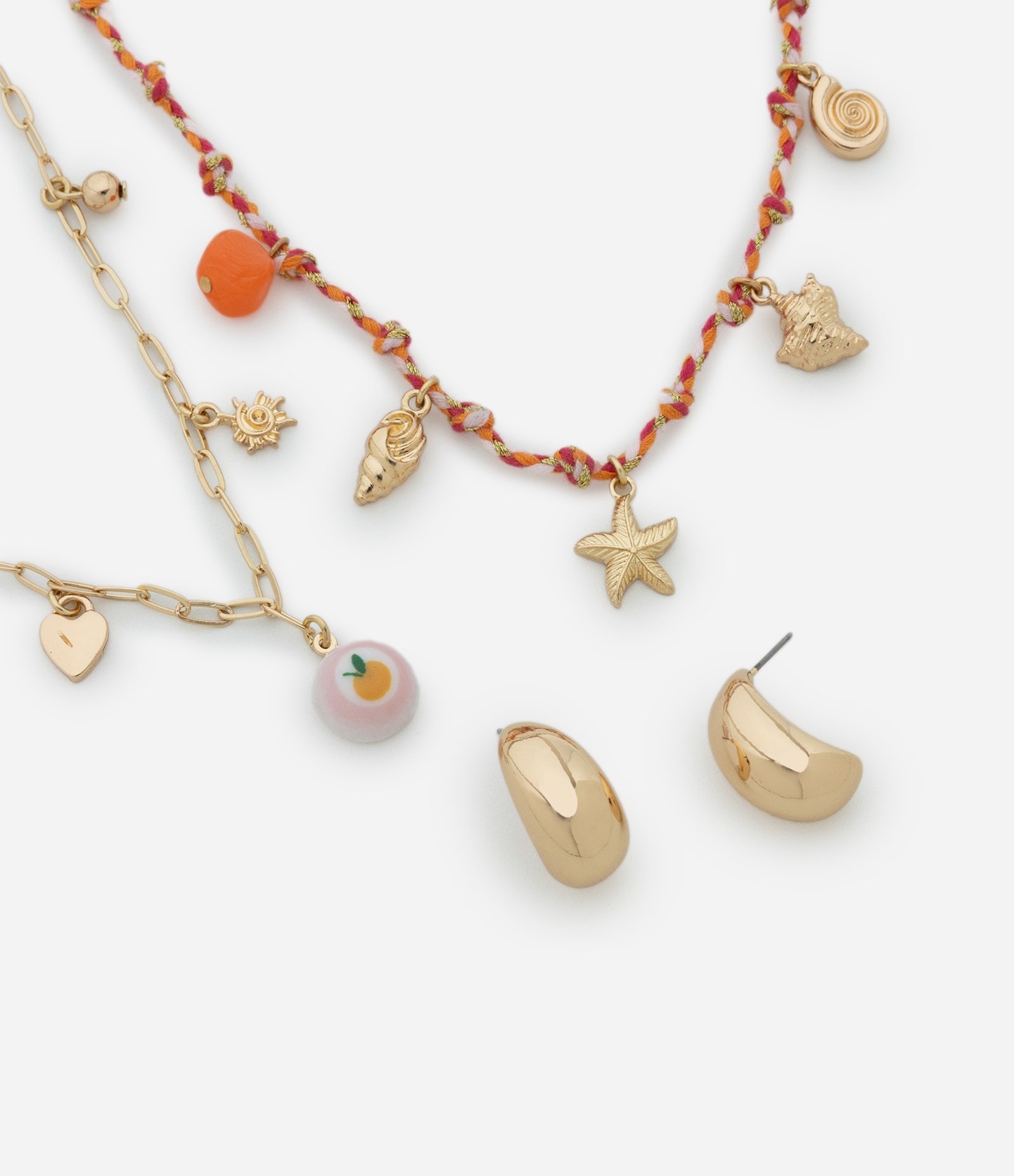 Conjunto Colar e Brinco com Miçangas e Pingentes Variados Laranja 1