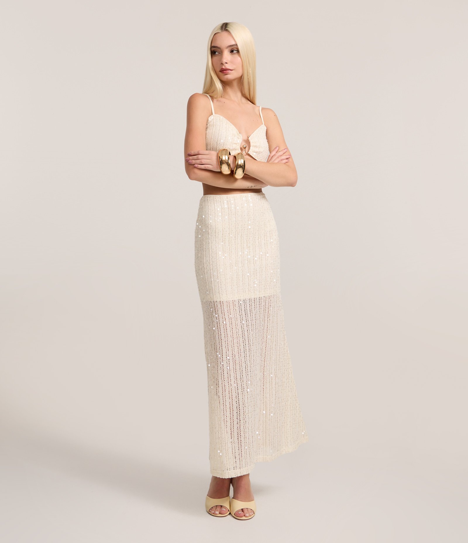 Saia New Midi em Tricô com Paetês Off White 1