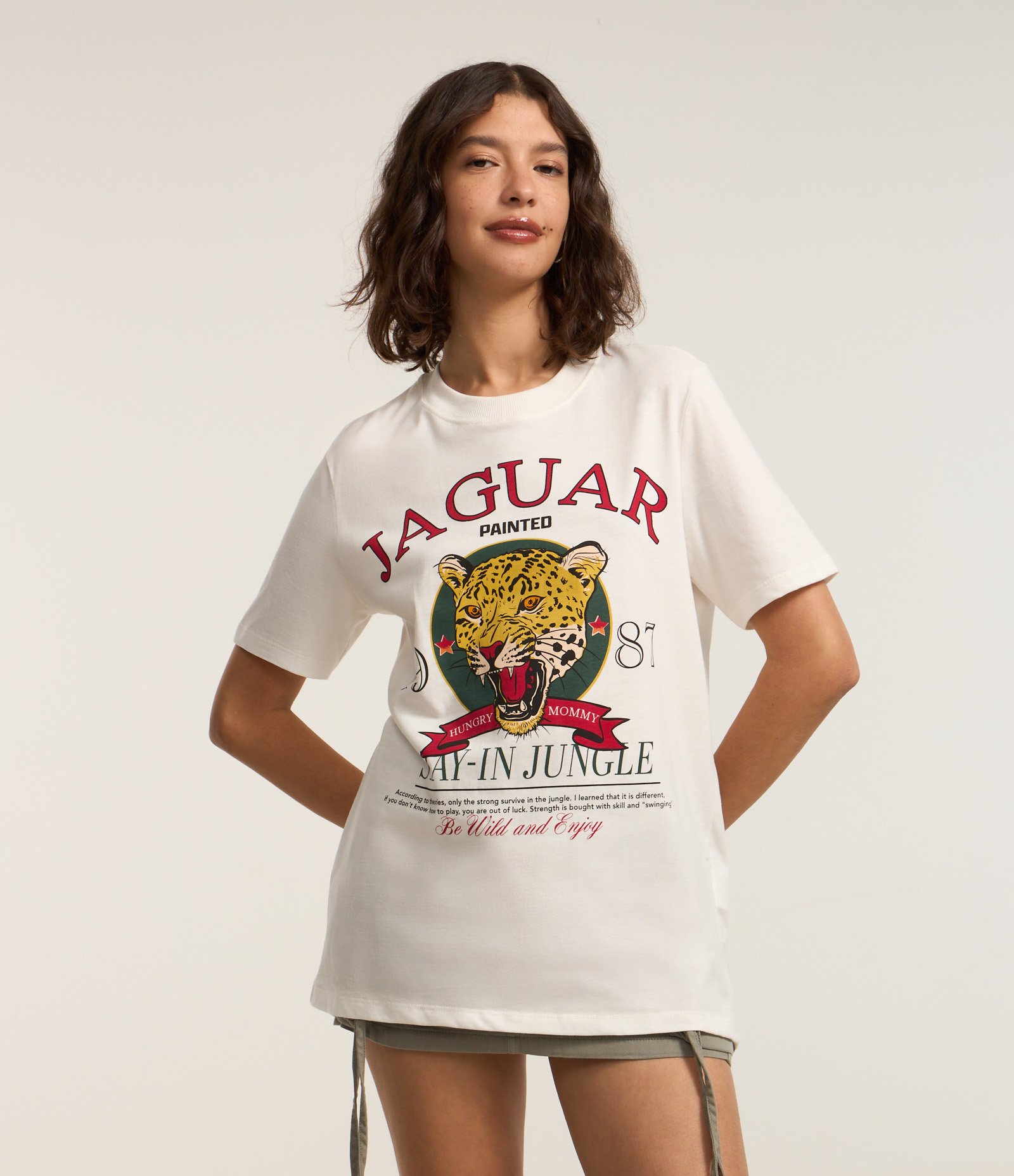 Camiseta Alongada em Algodão com Estamoa Jaguar Branco 1