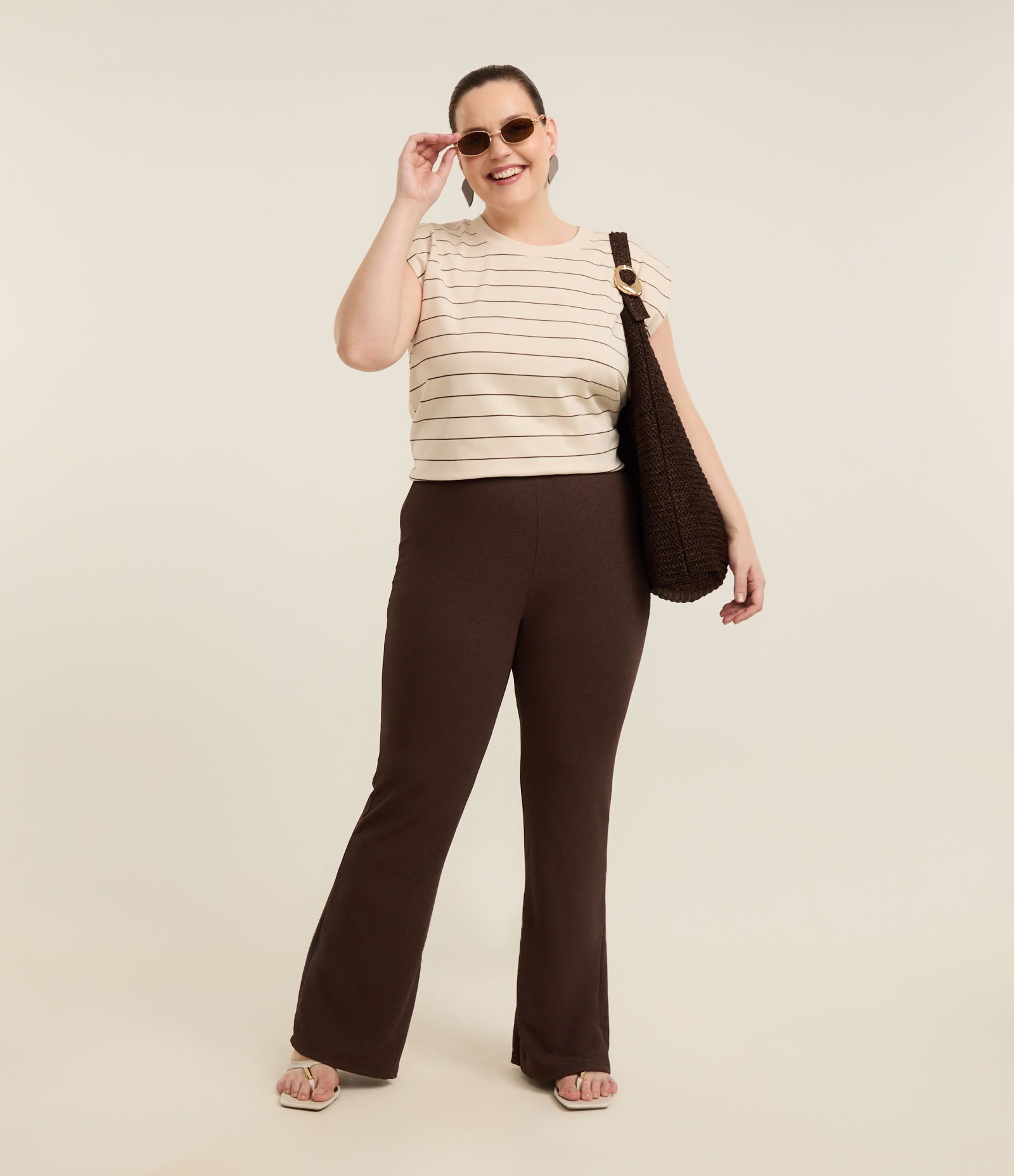 Blusa Regata em Ribana com Listras Curve & Plus Size Bege 2