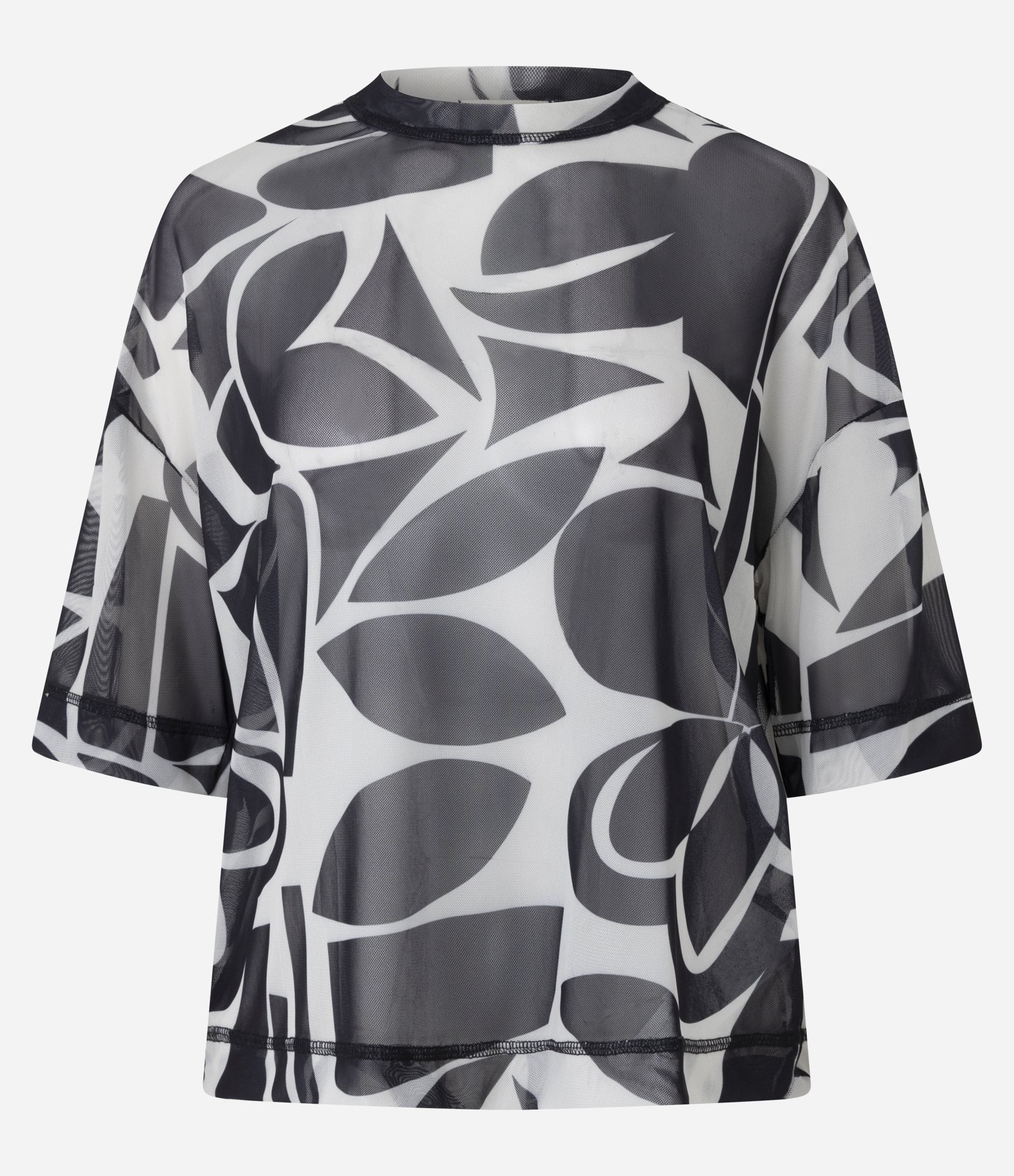 Blusa em Tule com Costura Aparente e Estampa Abstrata Preto/Branco 8